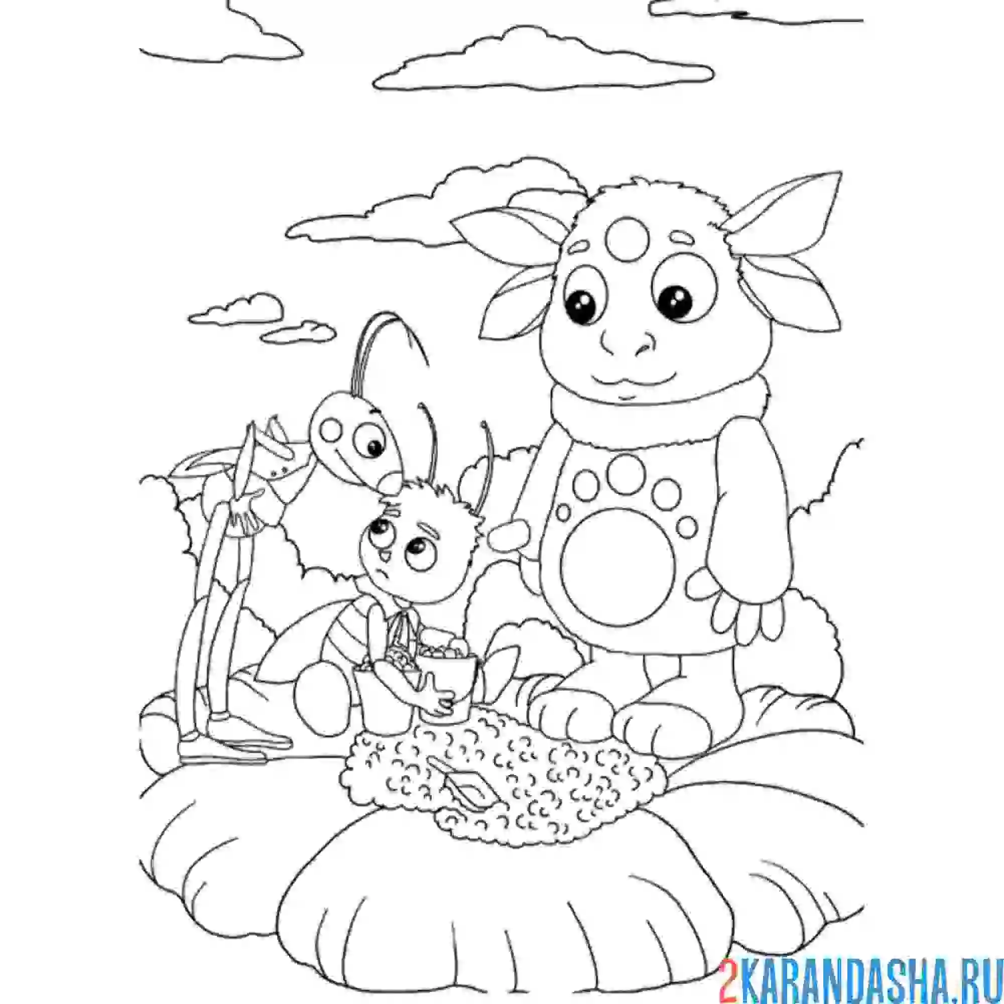 Раскраска лунтик помогает друзьям