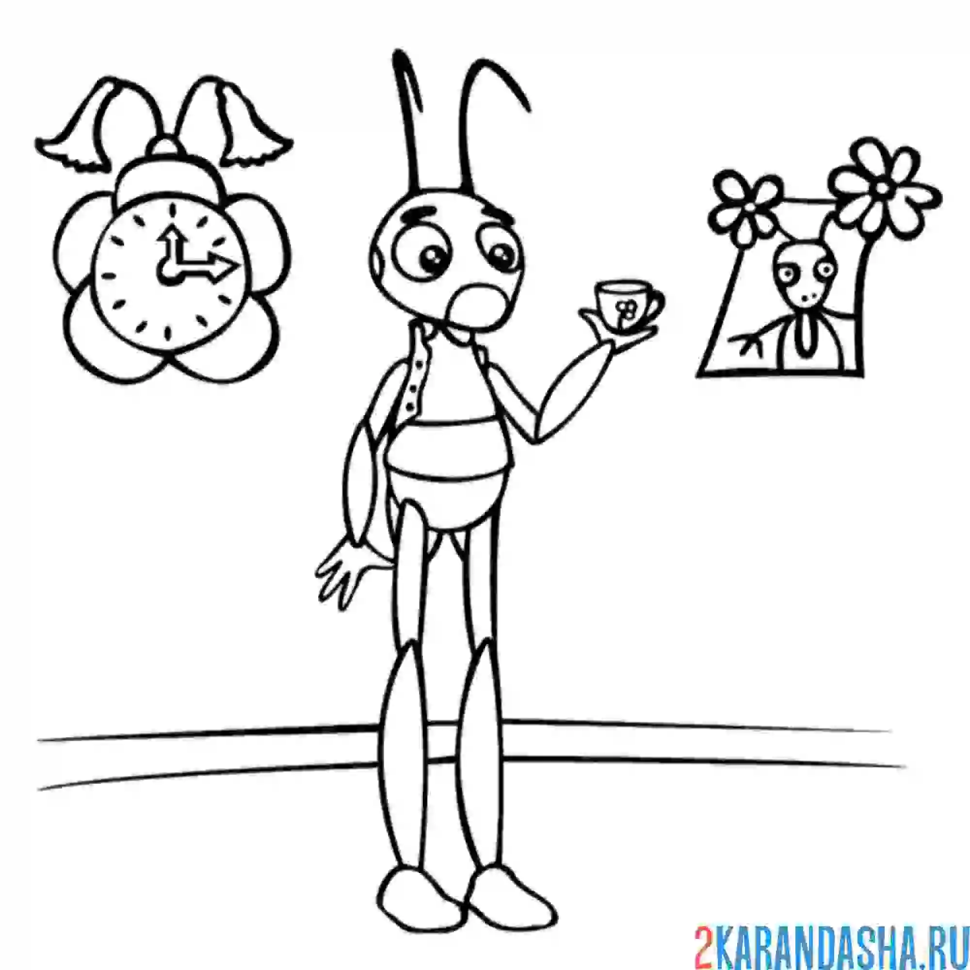 Раскраска кузнечик кузя из лунтика