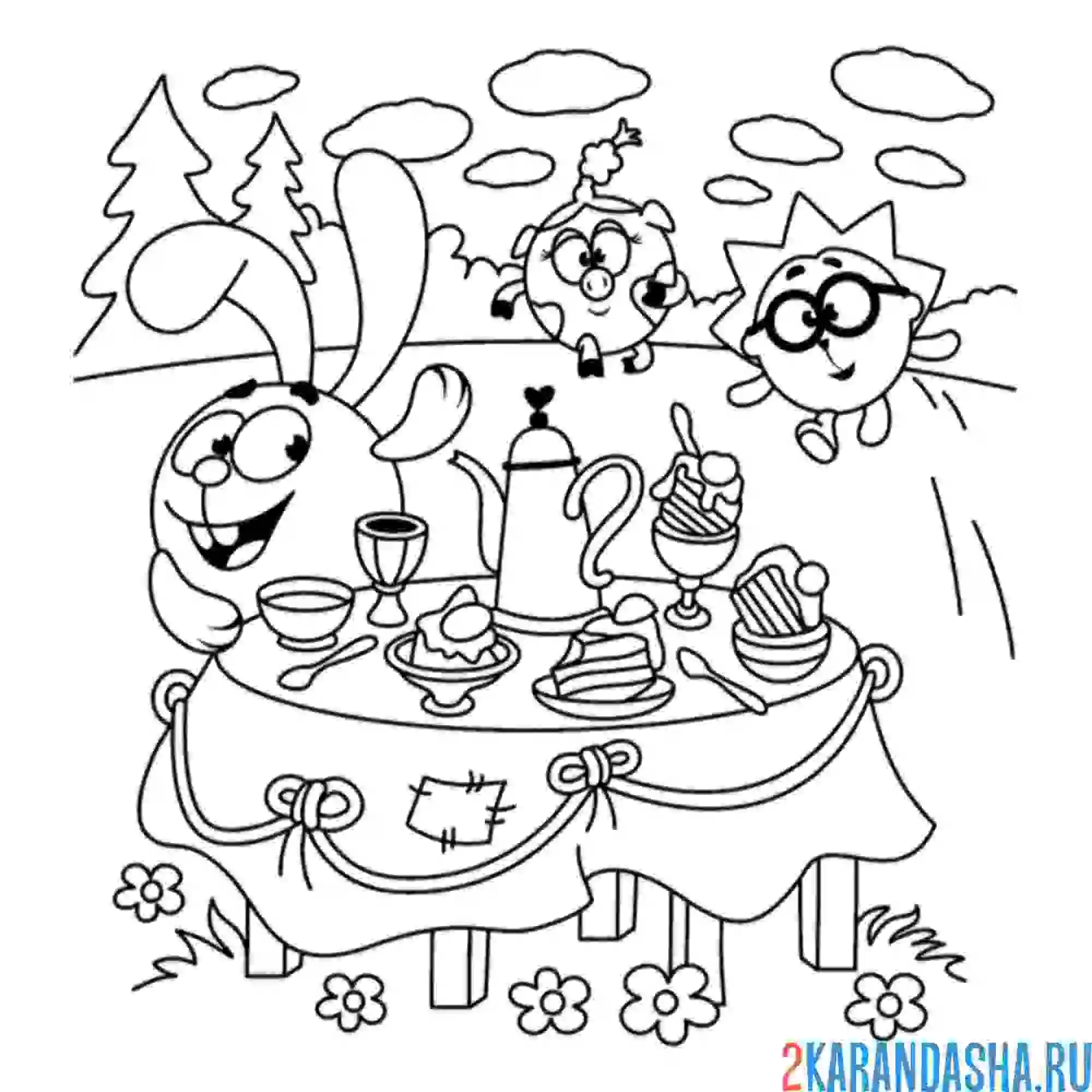 Раскраска чаепитие у кроша | смешарики