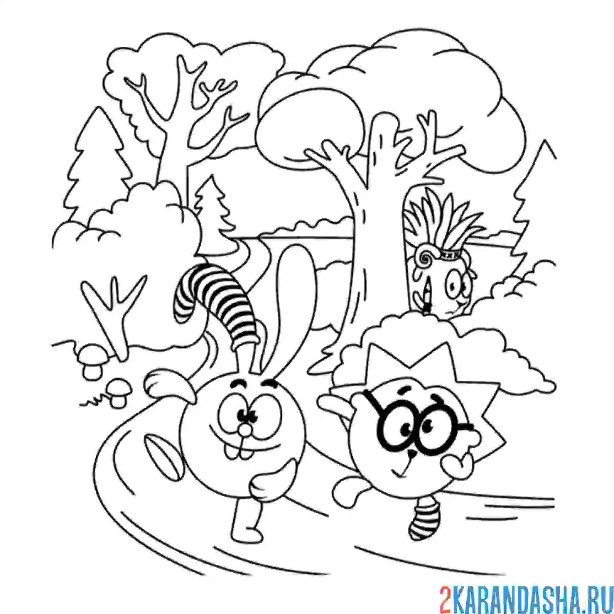 Раскраска крош и ежик бегут по лесу | смешарики