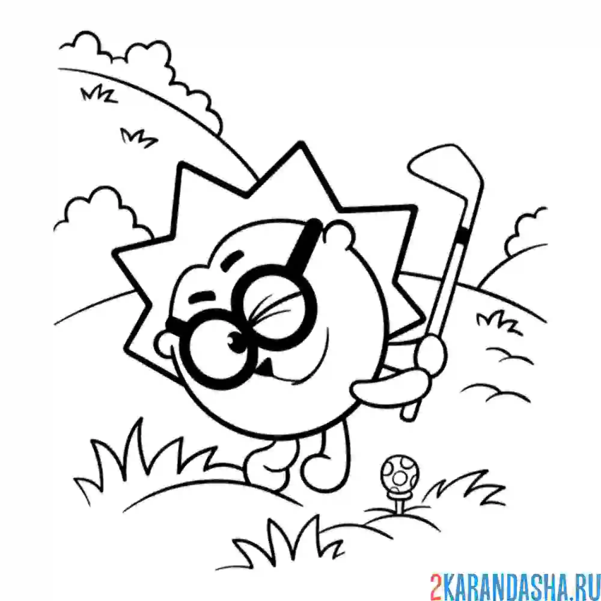 Раскраска ежик играет в гольф