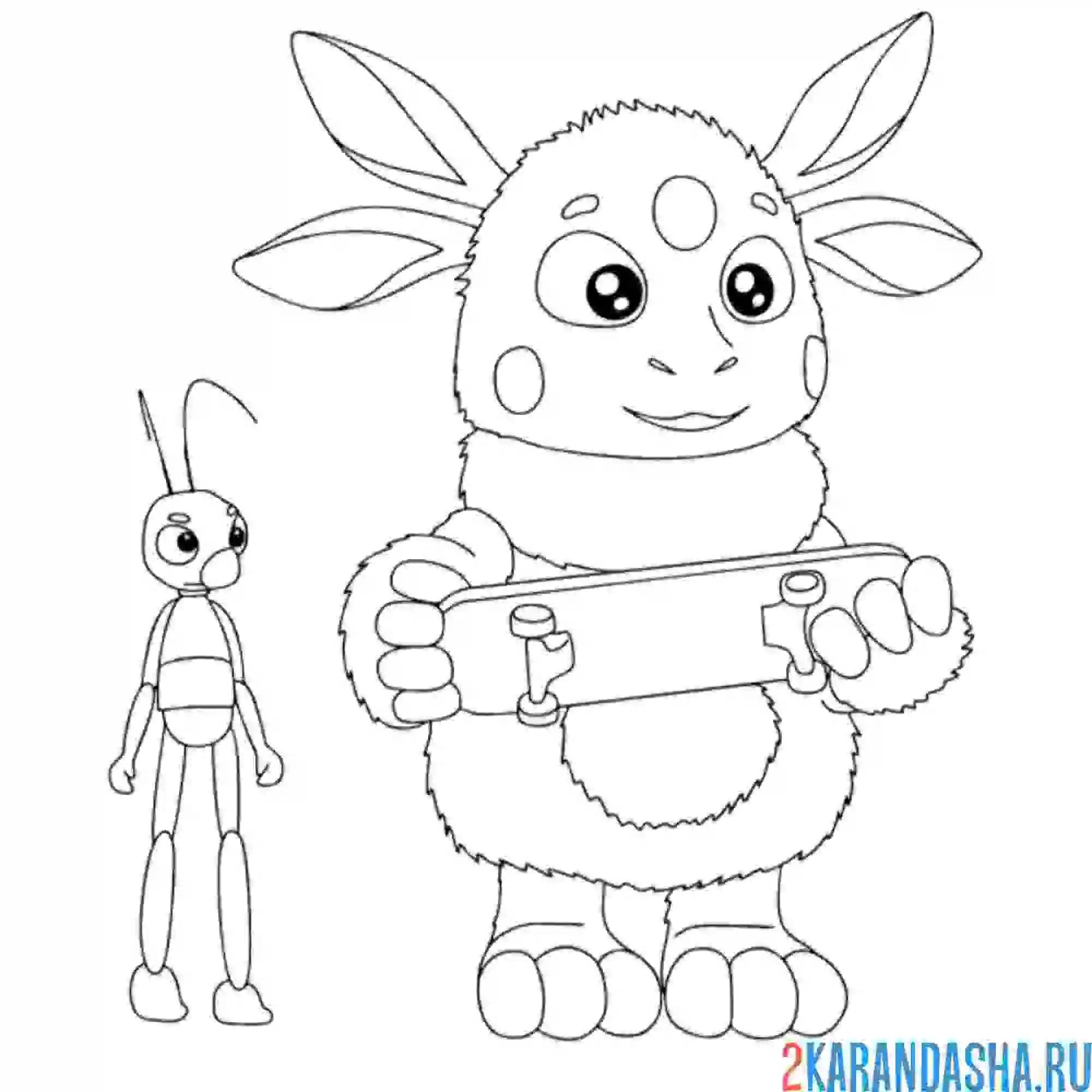 Раскраска лунтик со скейтбордом