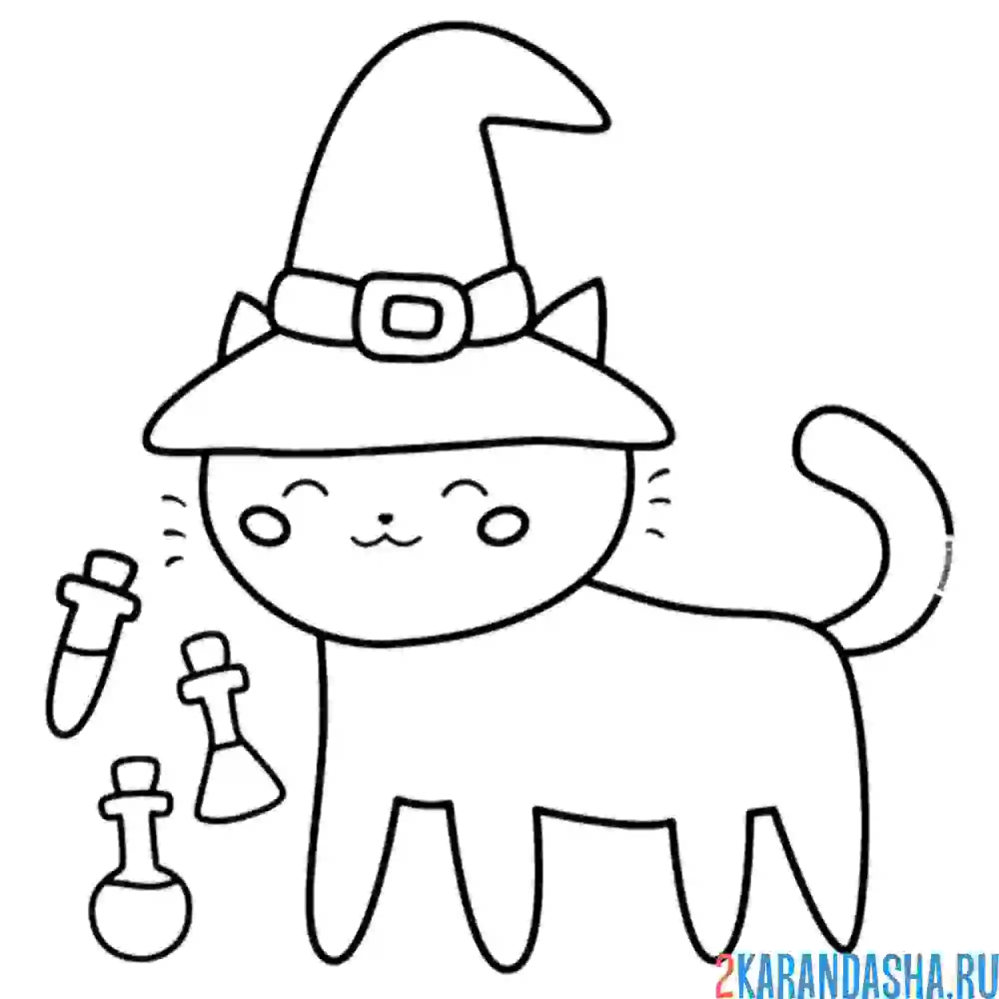 Раскраска хэллоуин кошечка в шляпе