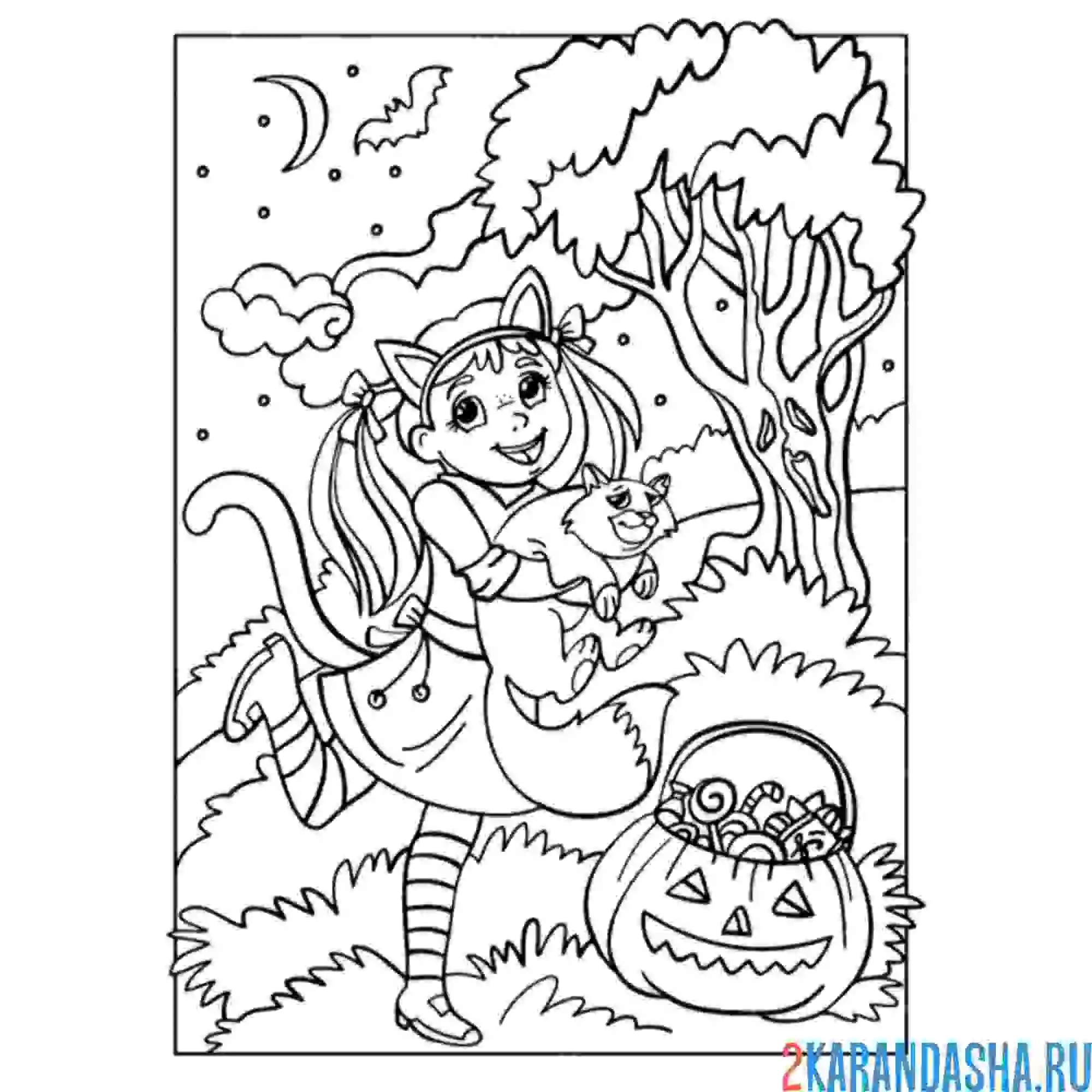 Раскраска девочка ведьма в лесу