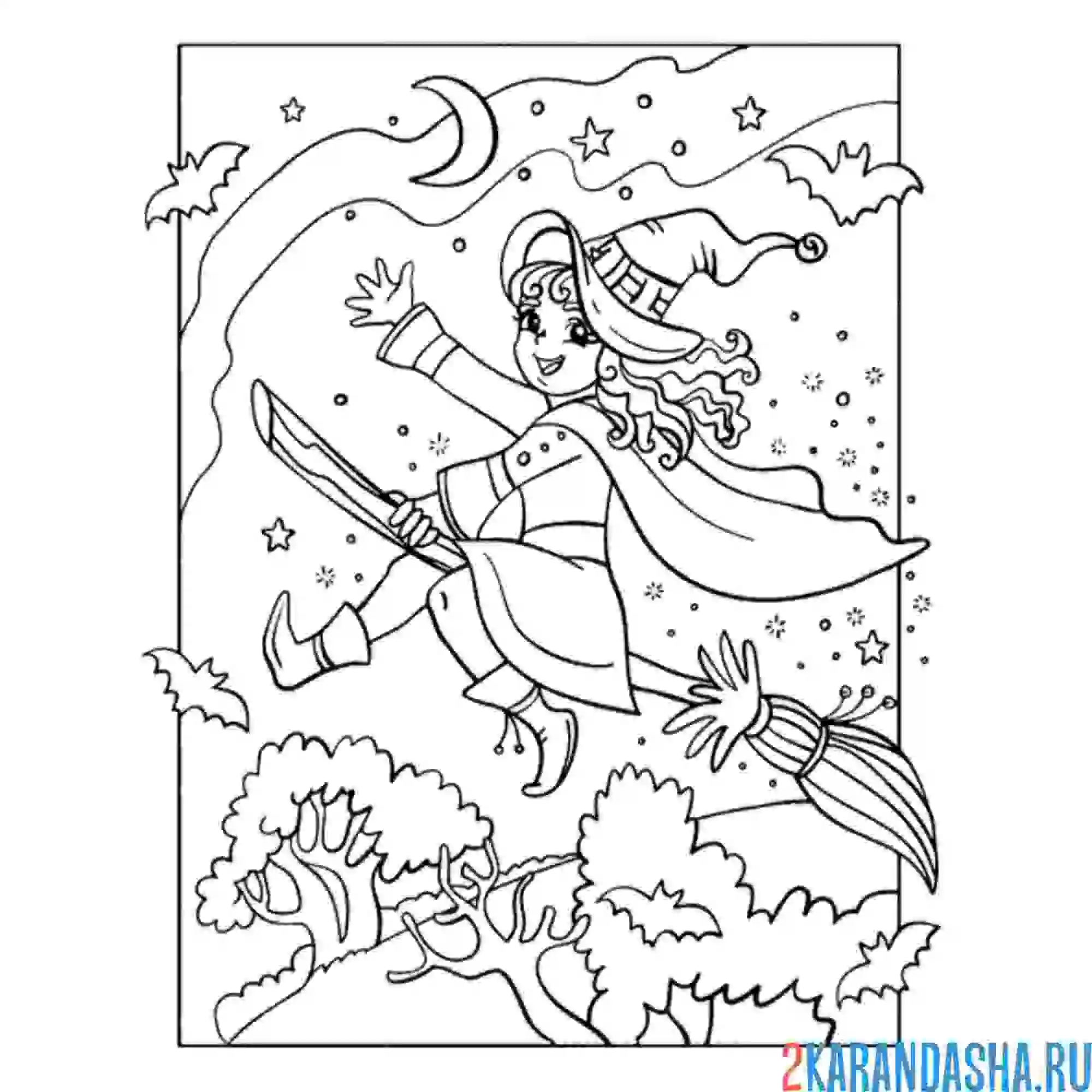 Раскраска ведьма на метле хэллоуин