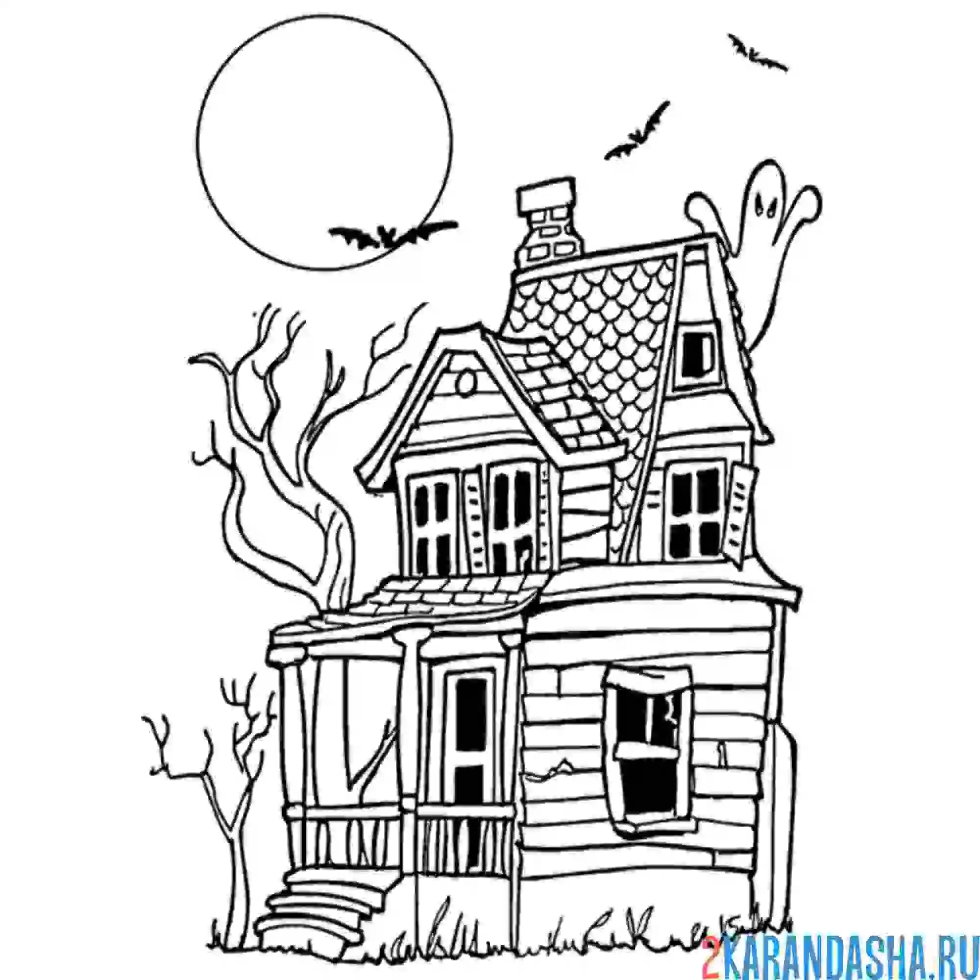 Раскраска дом с приведениям и летучими мышами