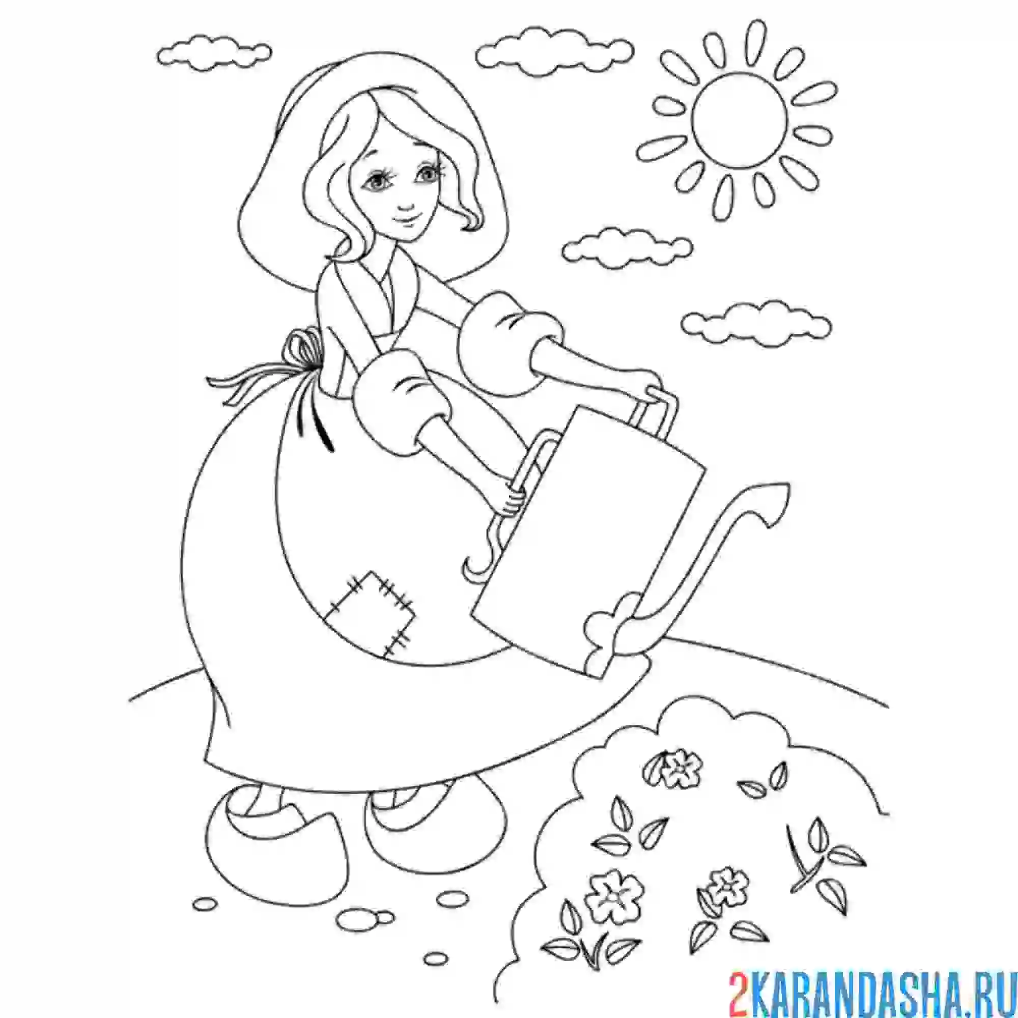 Раскраска золушка поливает цветы