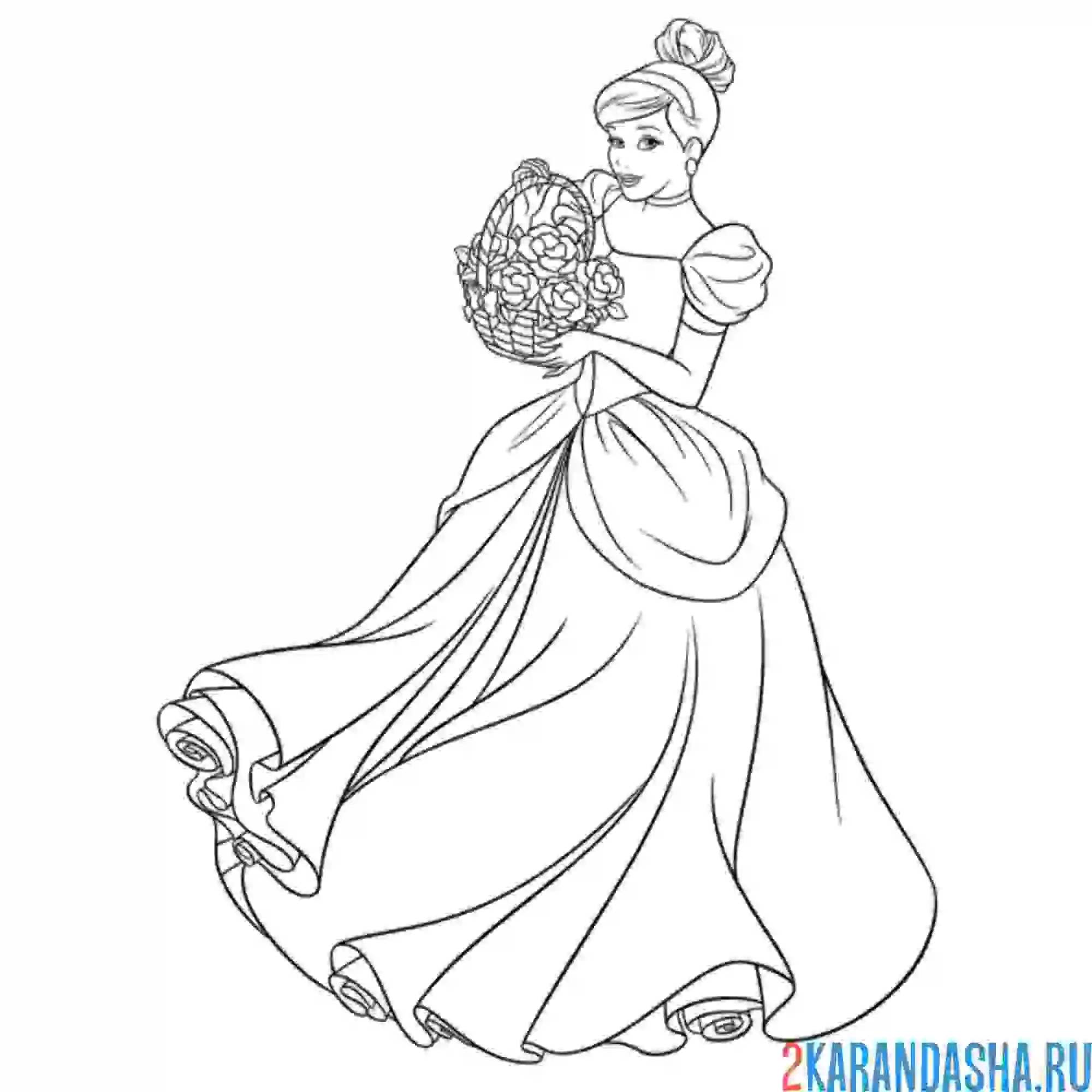 Раскраска золушка с букетом цветов