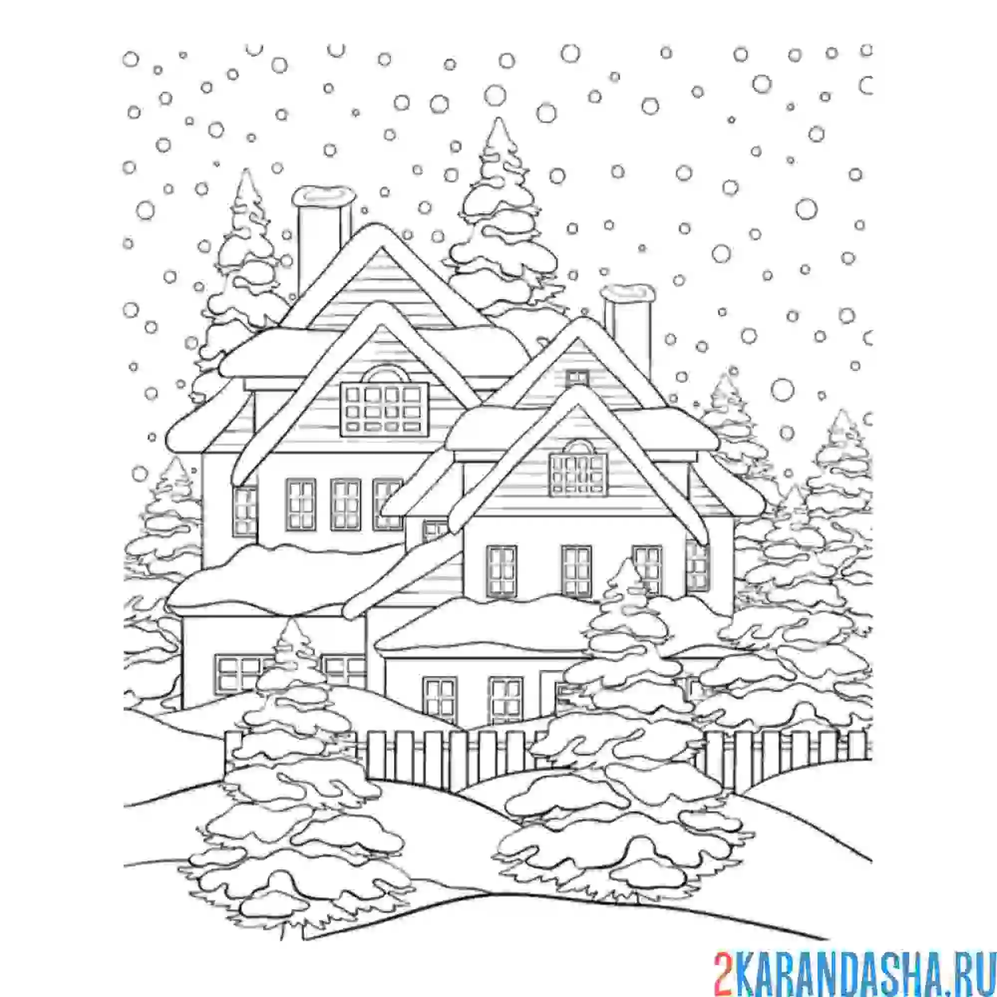 Раскраска зимний дом в лесу