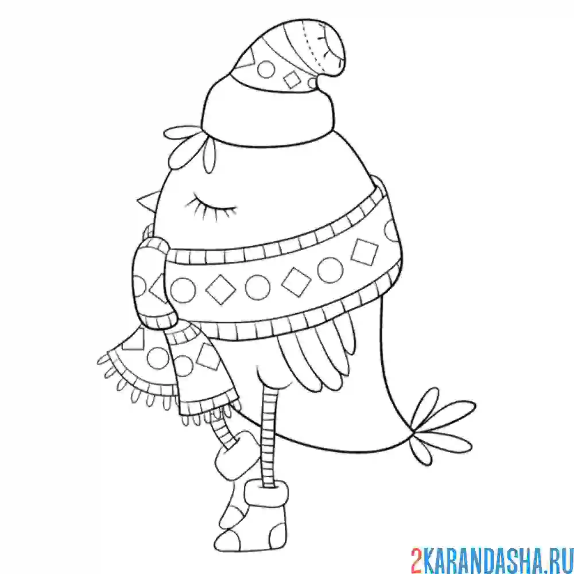 Раскраска птичка в шарфе