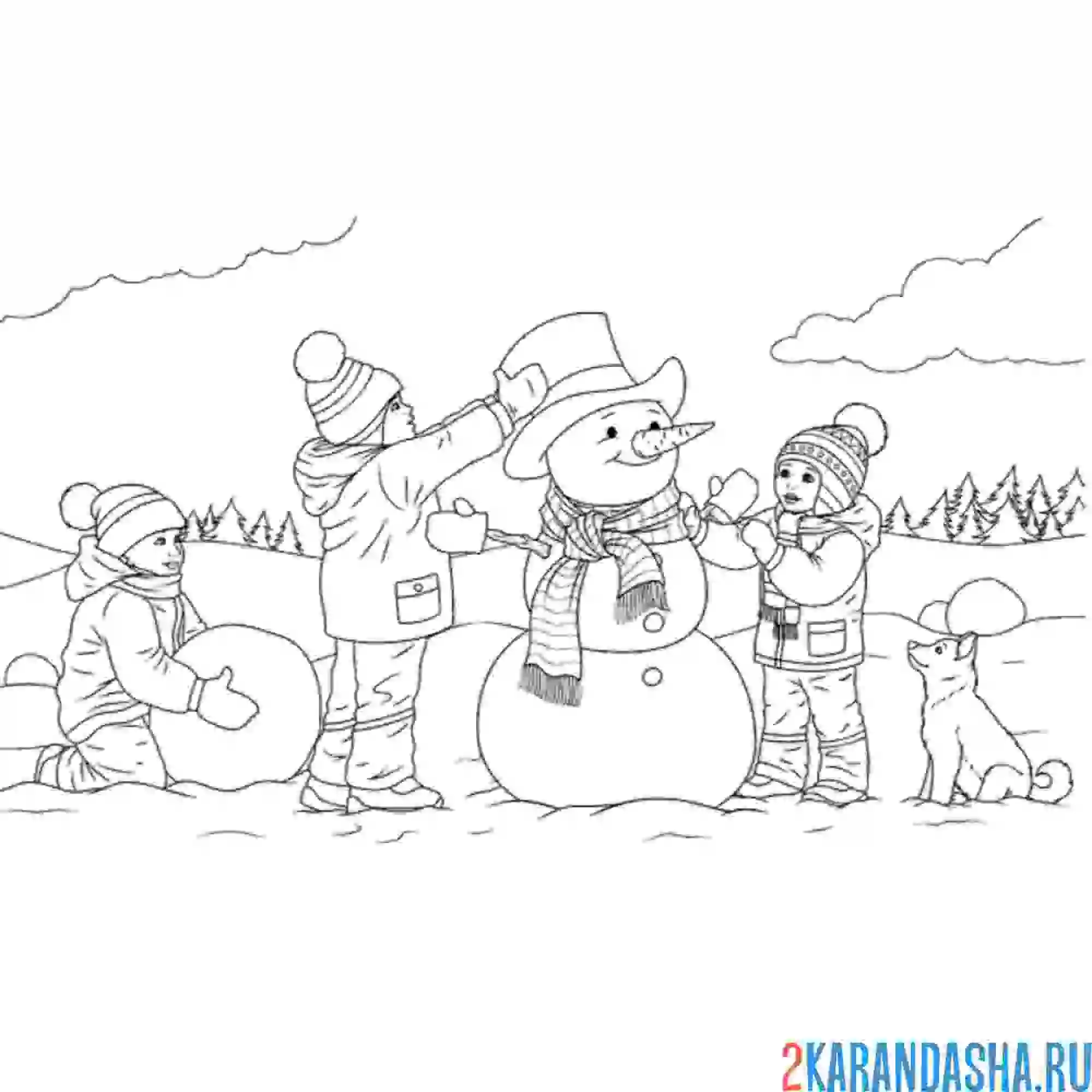 Раскраска дети лепят снеговика зимой