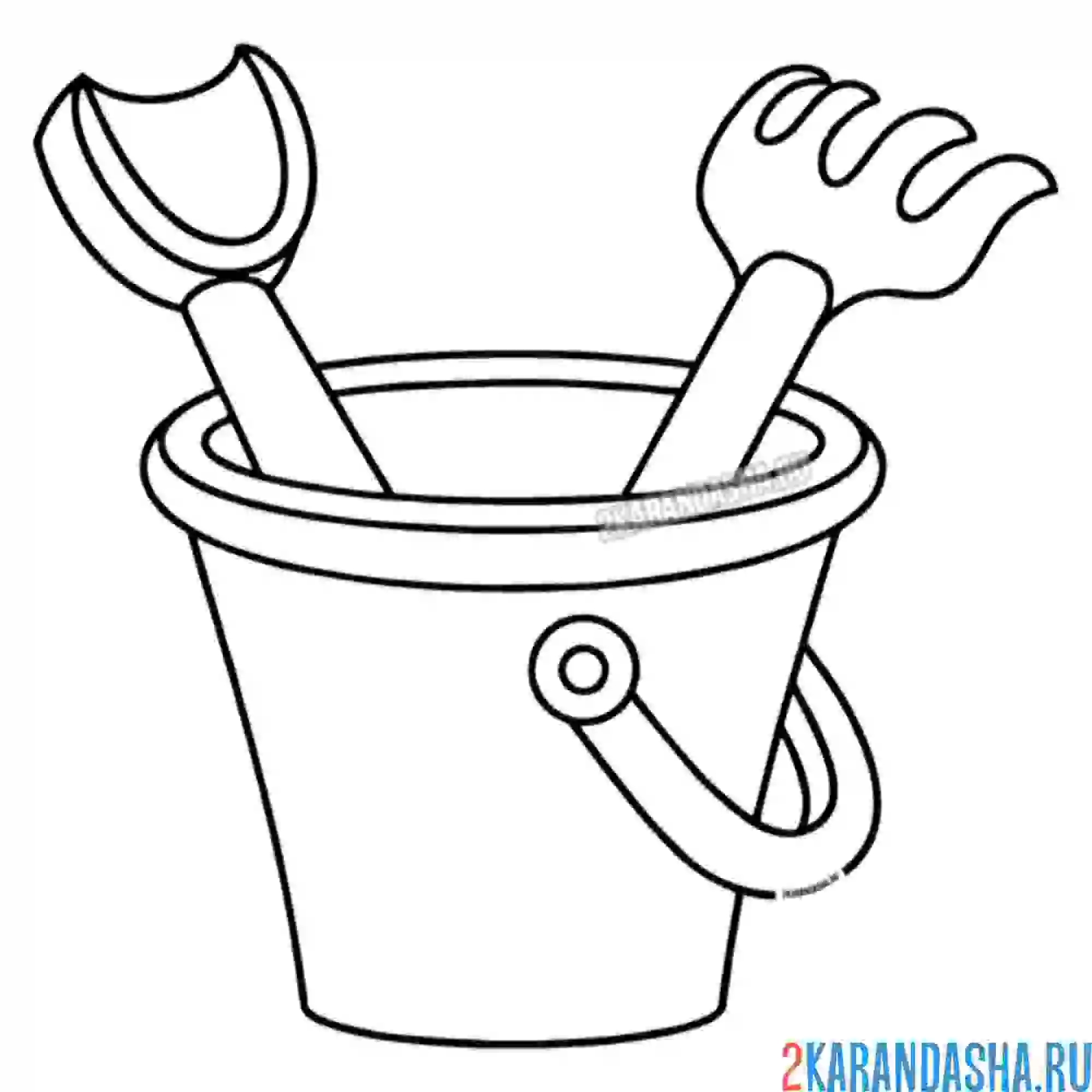 Раскраска ведерко, совочек, грабли
