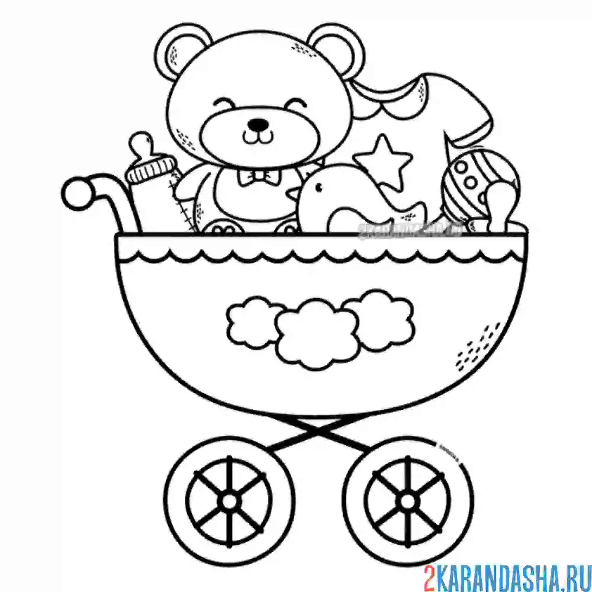 Раскраска коляска с игрушками