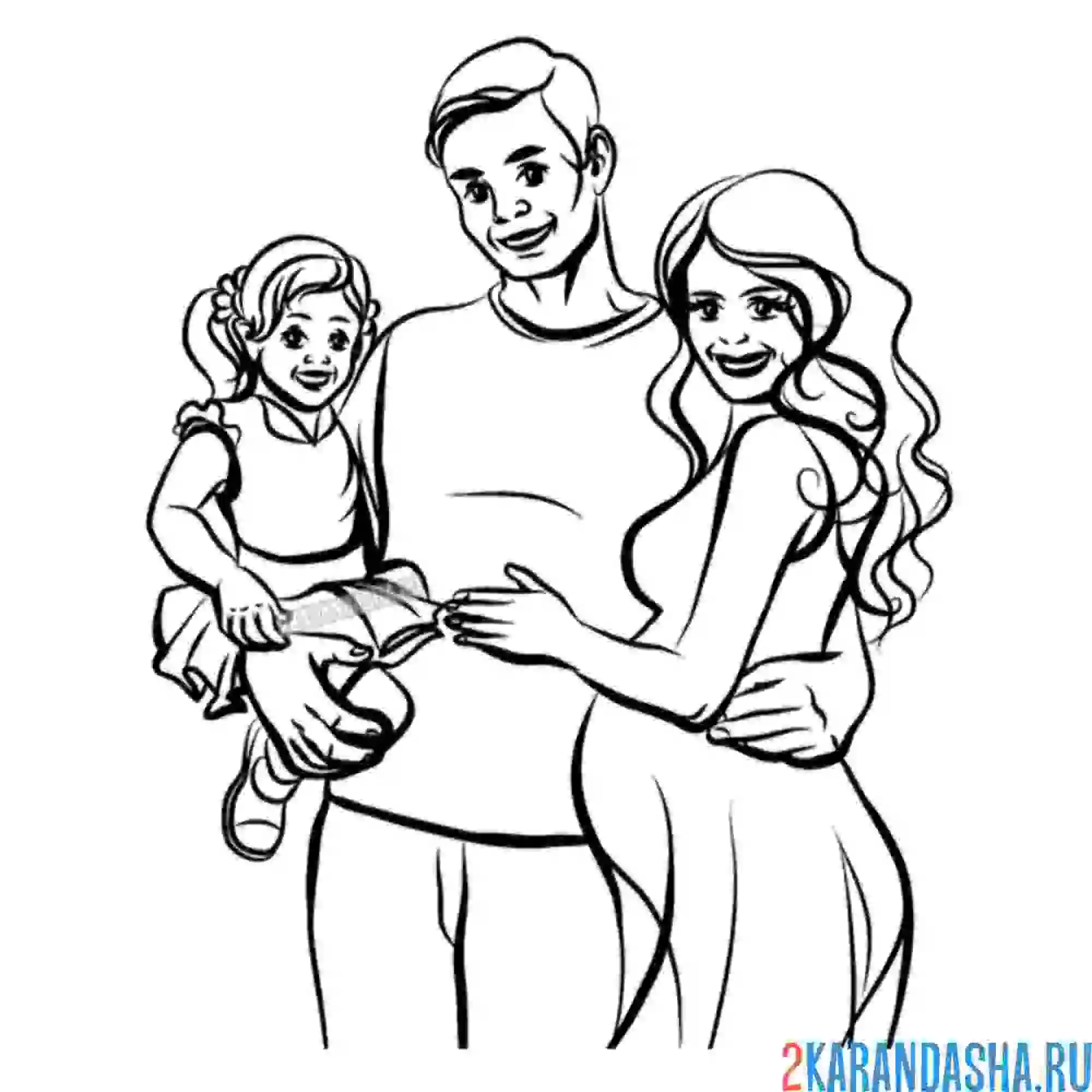 Раскраска беременная мама, папа и ребенок - молодая семья