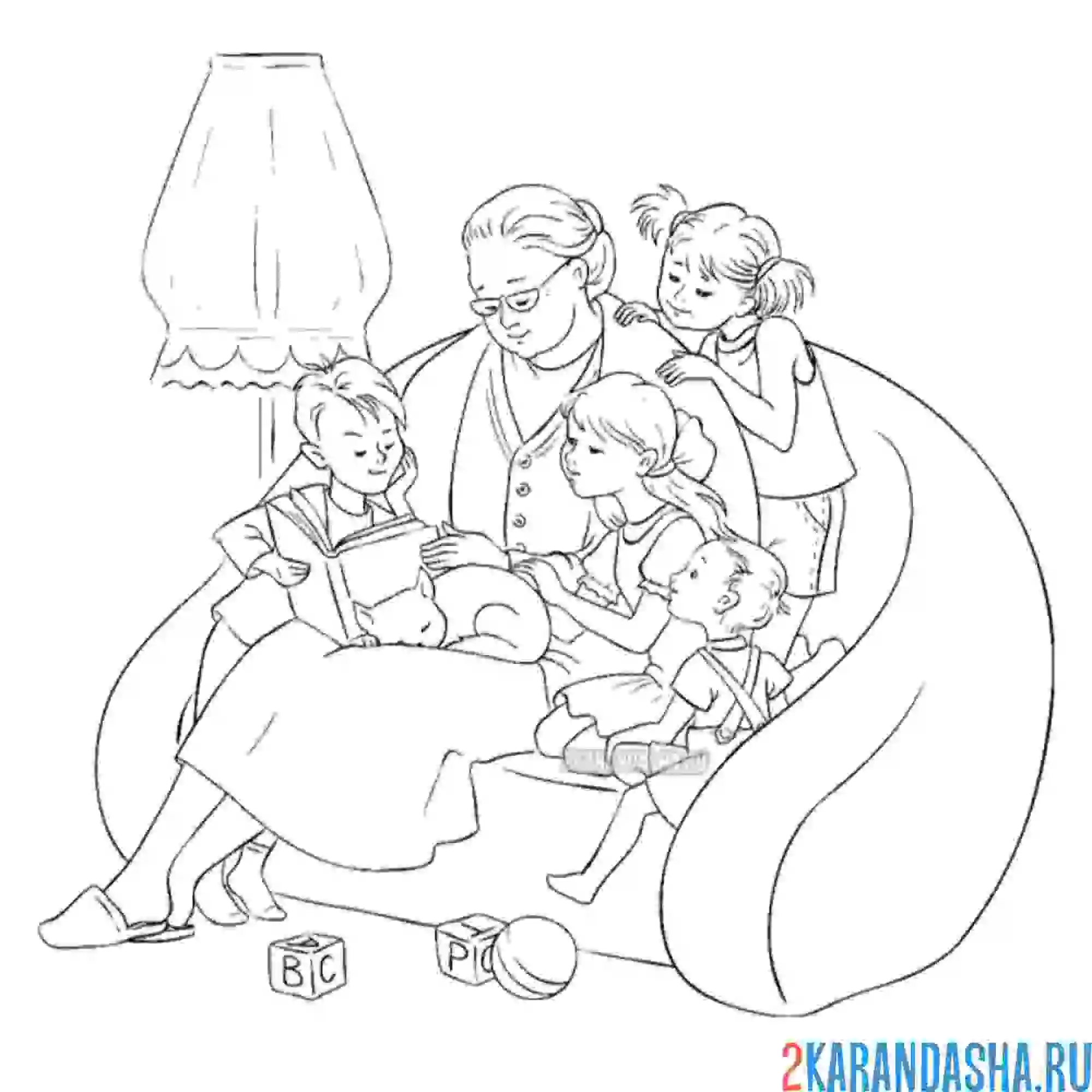 Раскраска большая семья, бабушка читает внукам