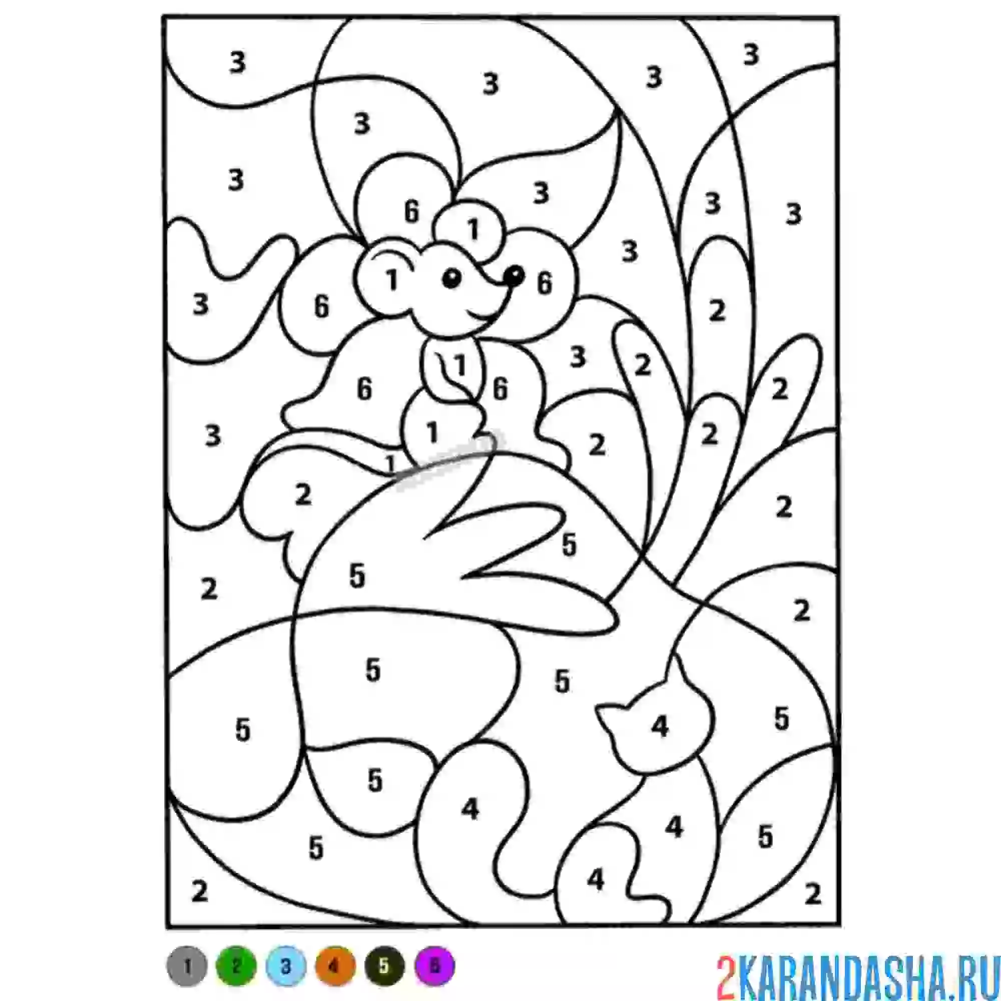 Раскраска по номерам: мышка и кошечка