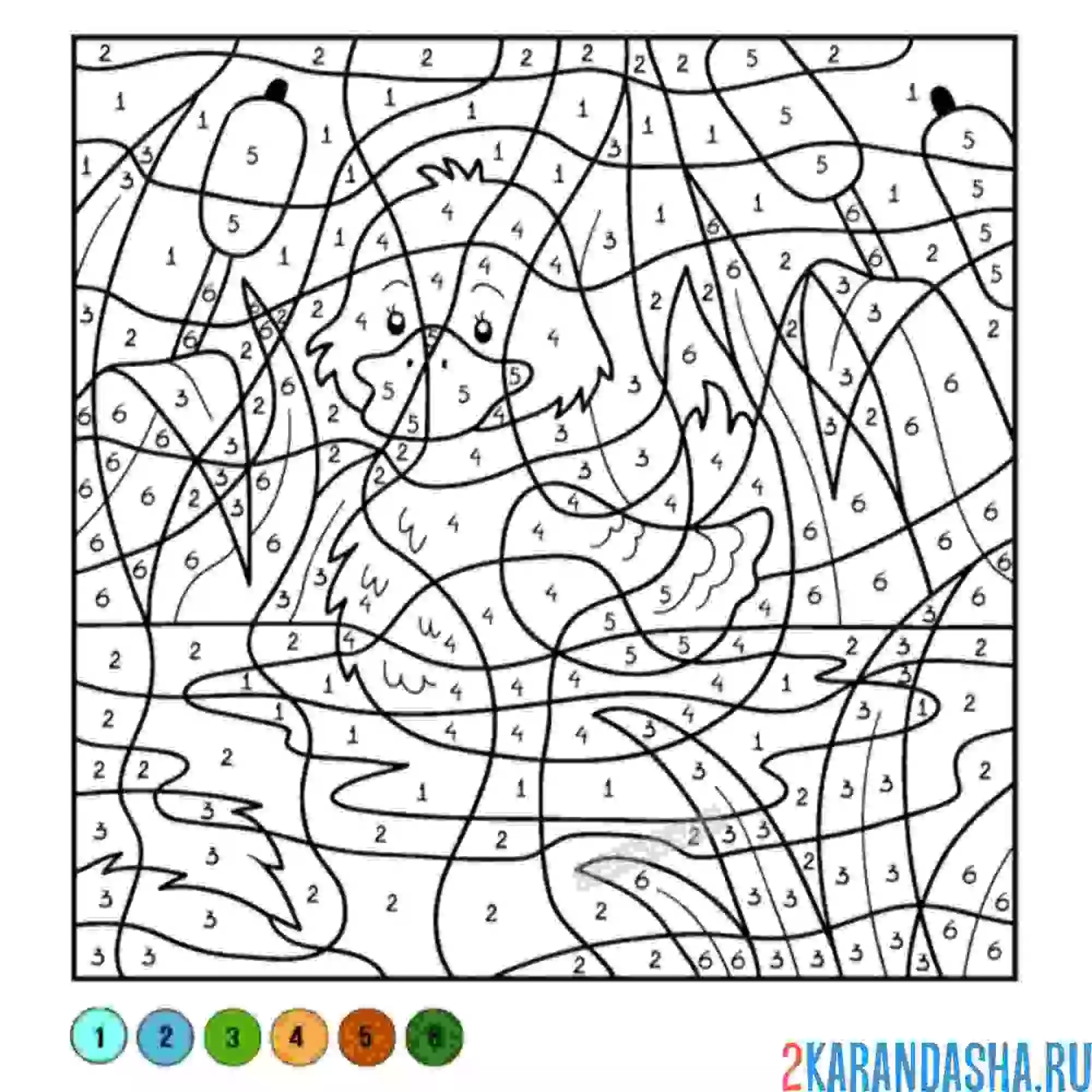 Раскраска по номерам: уточка в пруду