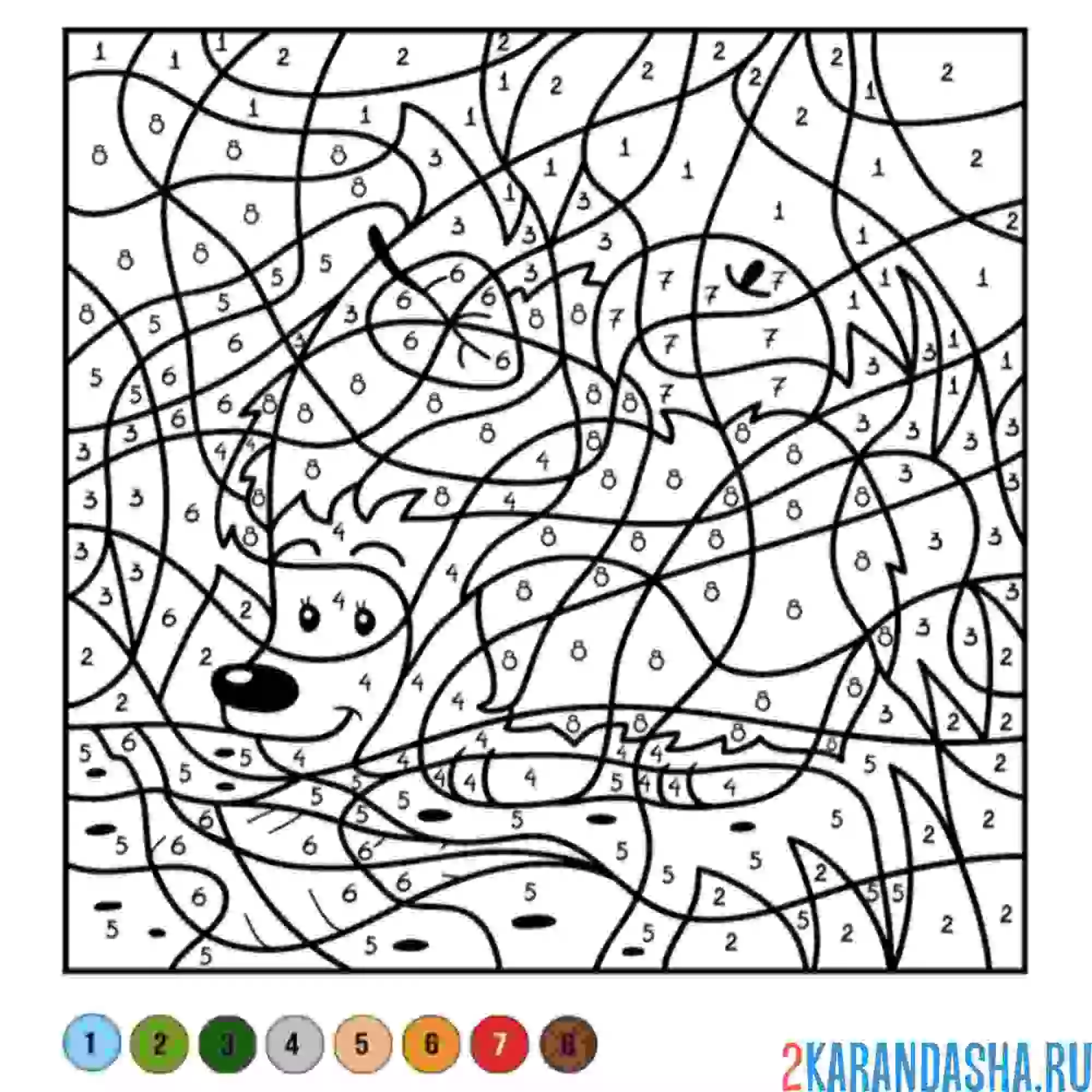 Раскраска по номерам: ёжик в лесу