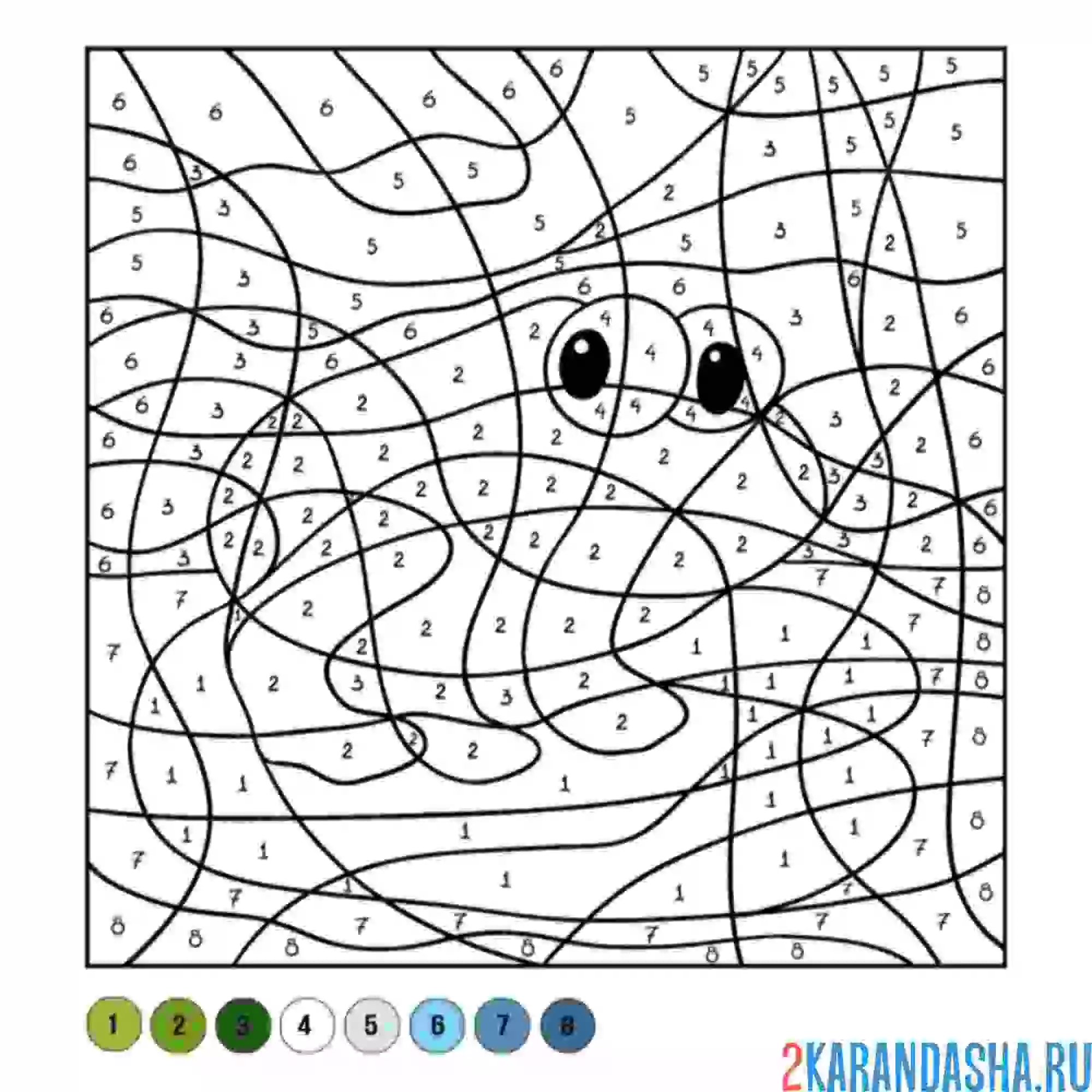 Раскраска по номерам: лягушка сидит на кувшинке