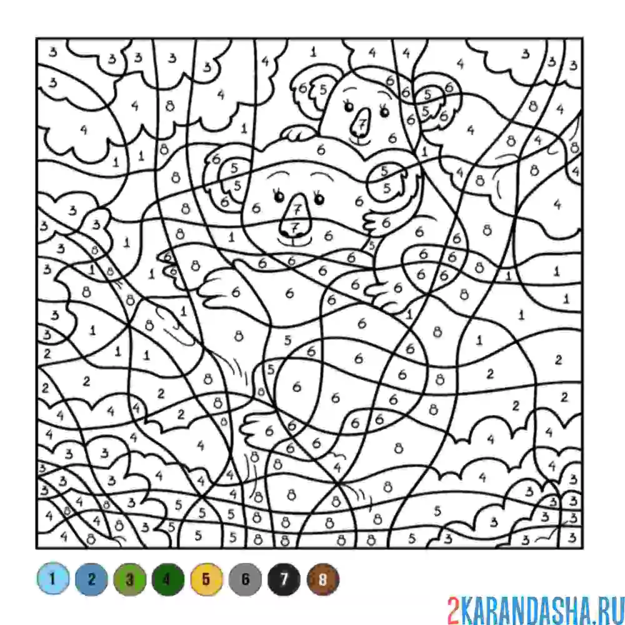 Раскраска по номерам: коала с детенышем