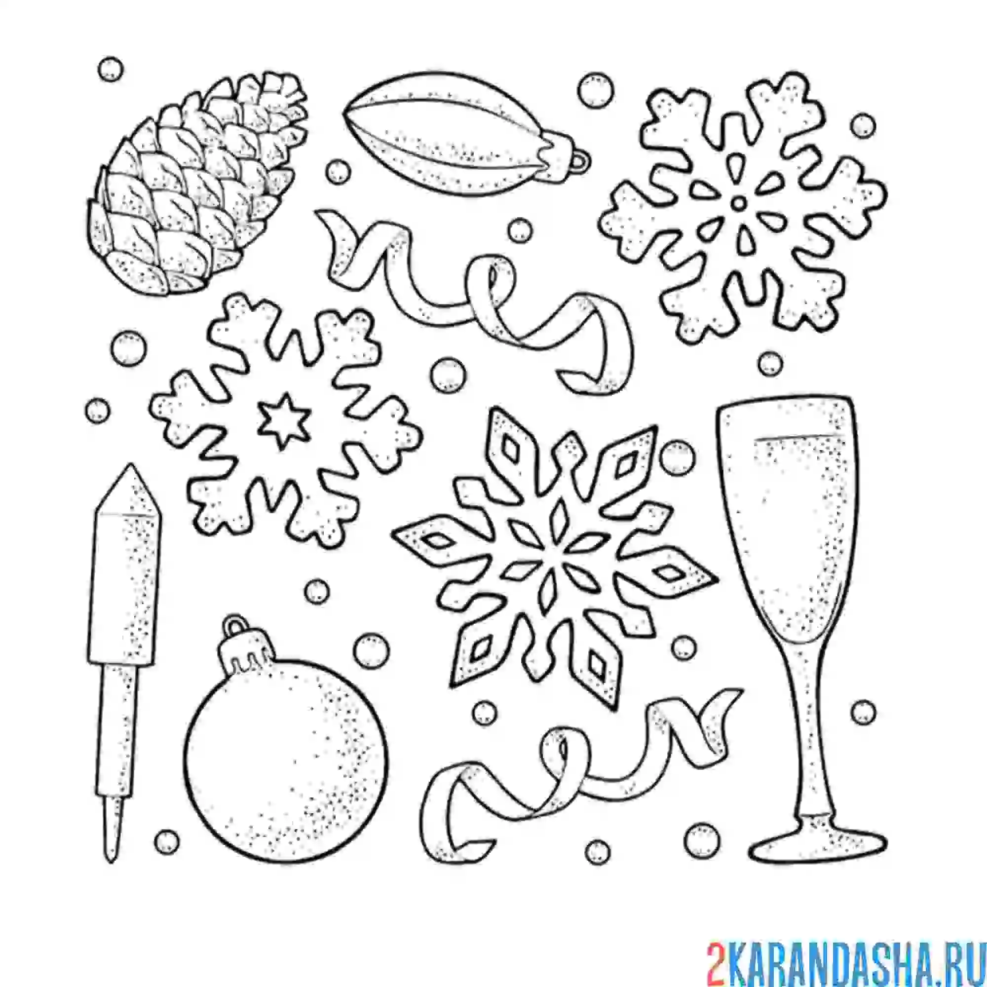 Раскраска шишки, конфетти, снежинки