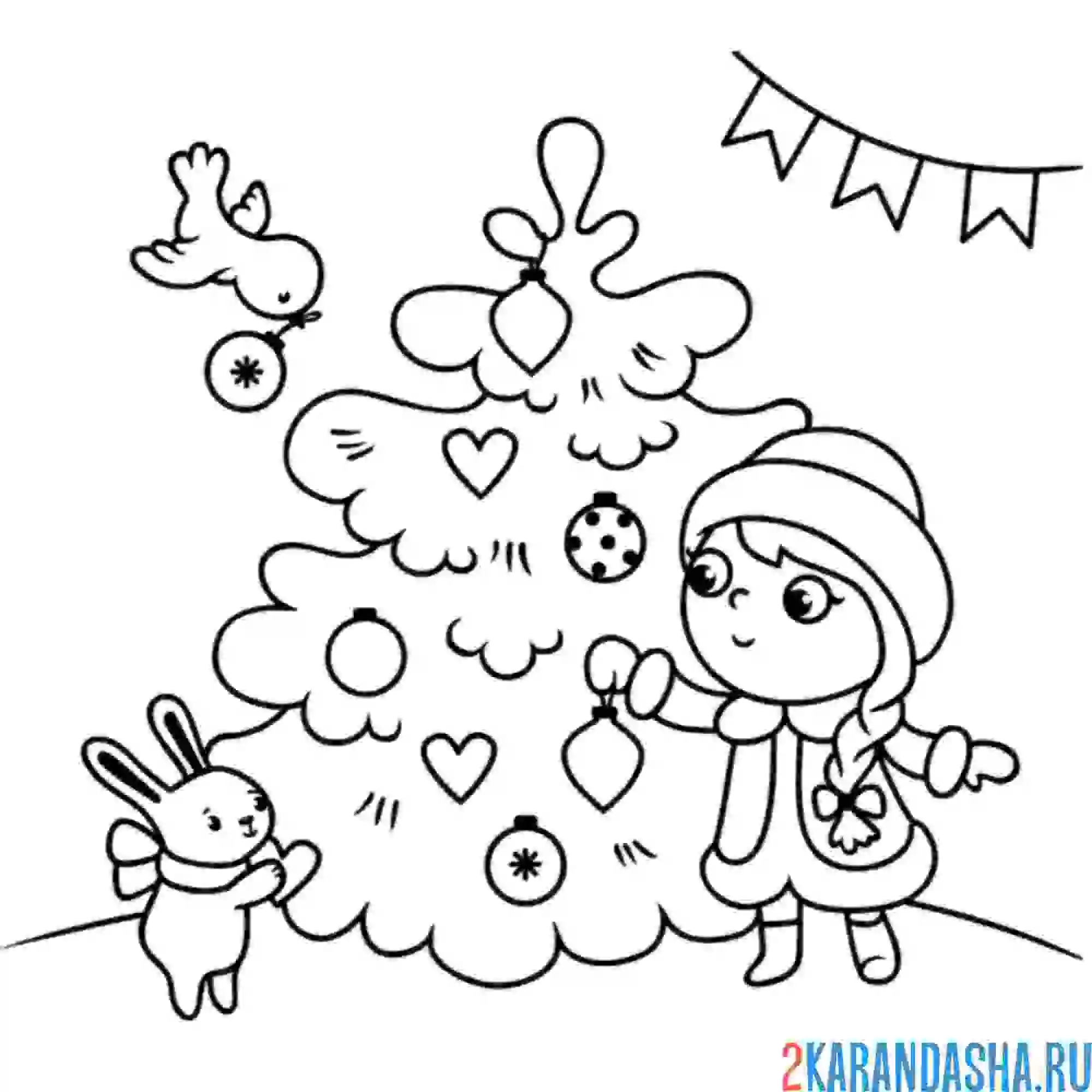 Раскраска елка, игрушки, животные