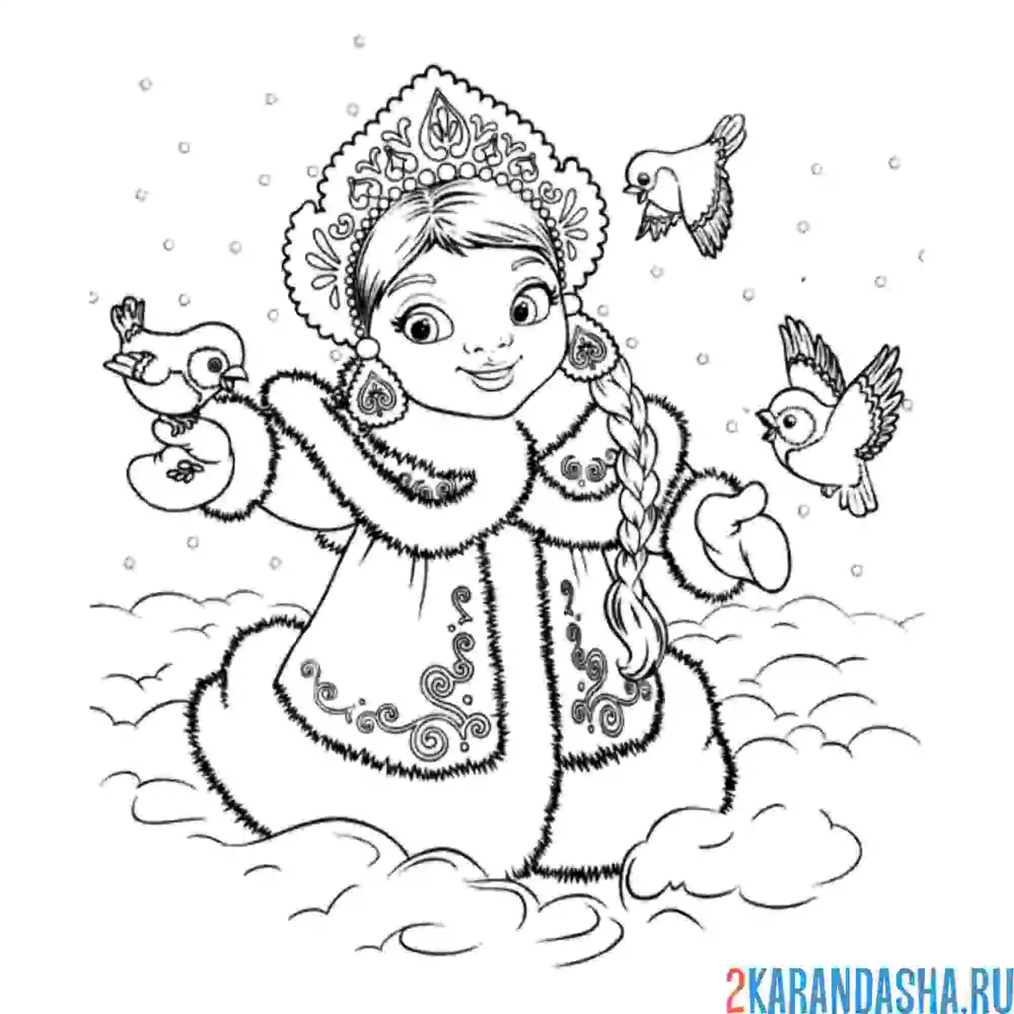 Раскраска русская красавица и птички