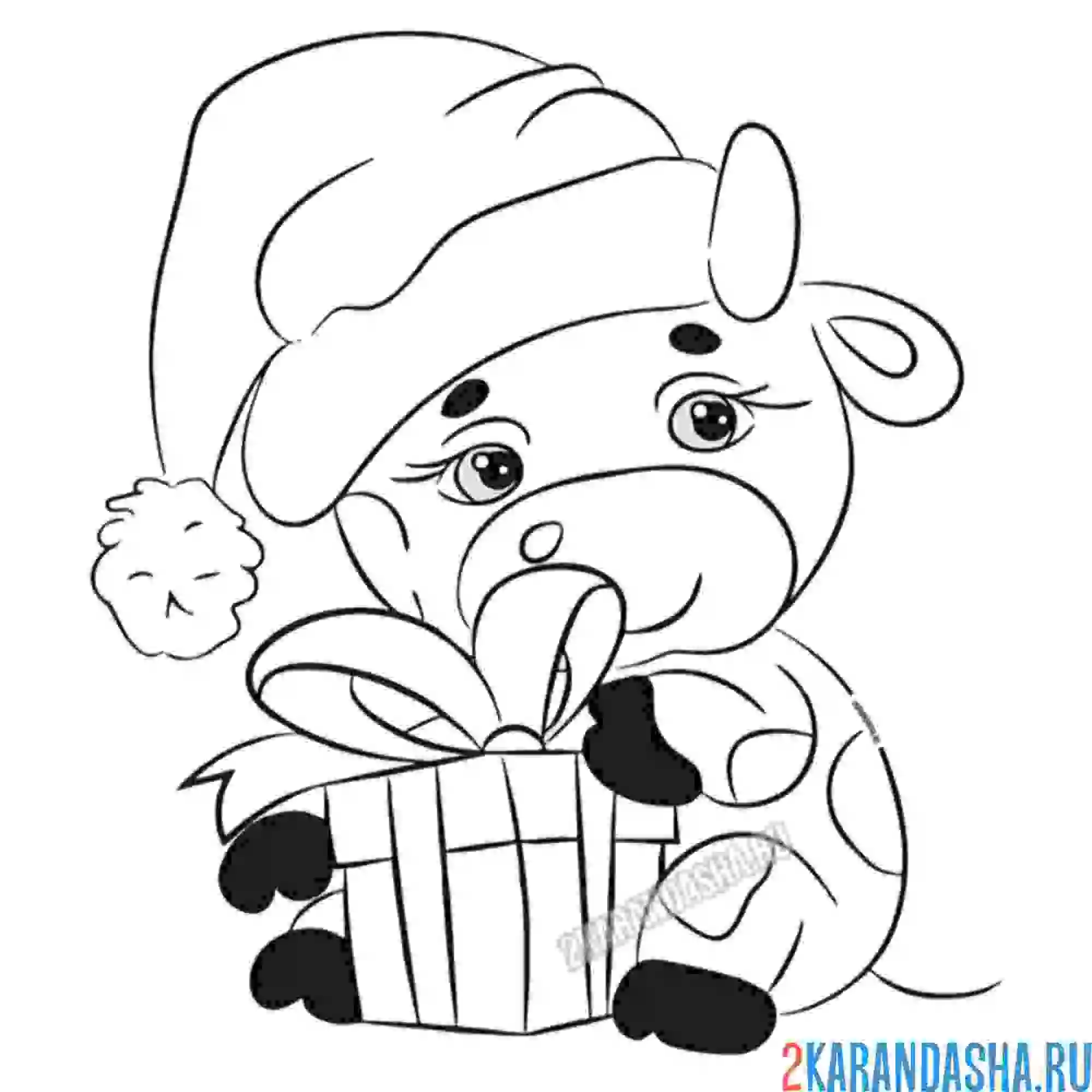 Раскраска бычок с новогодним подарком