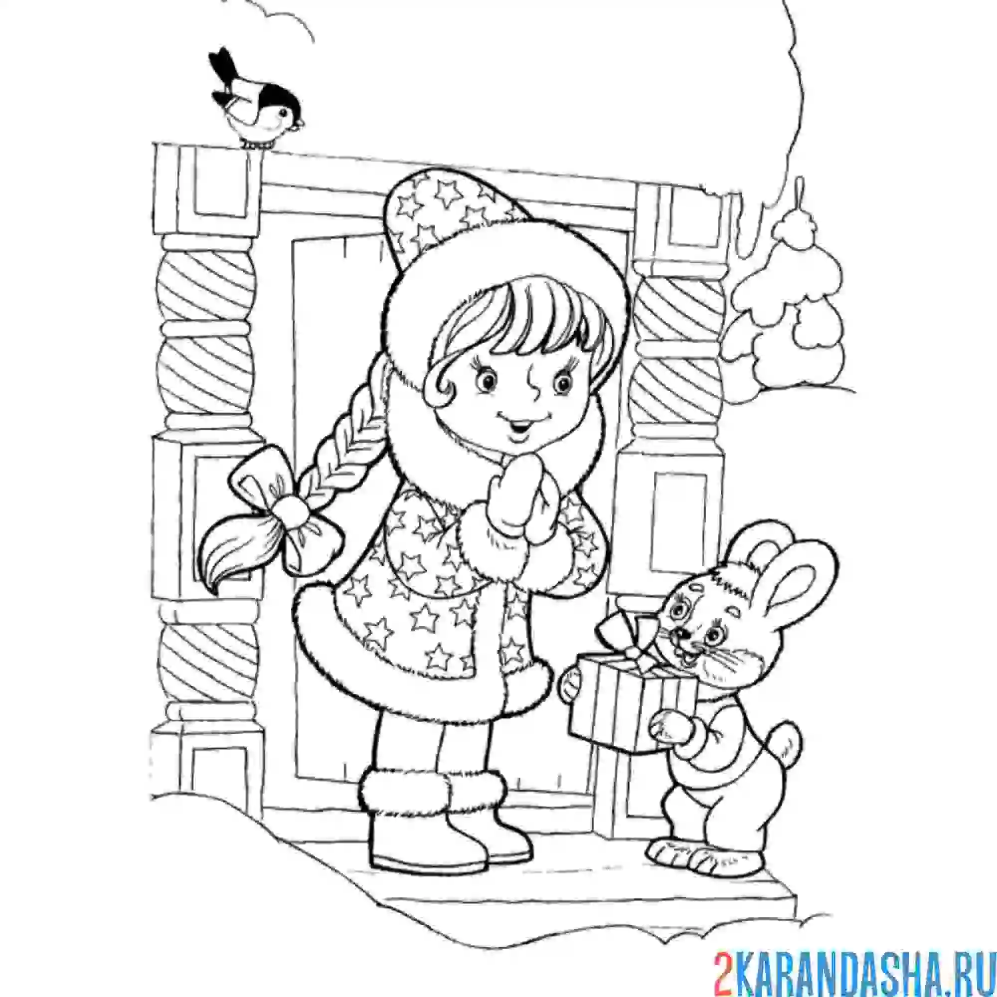 Раскраска с зайчишкой у избы