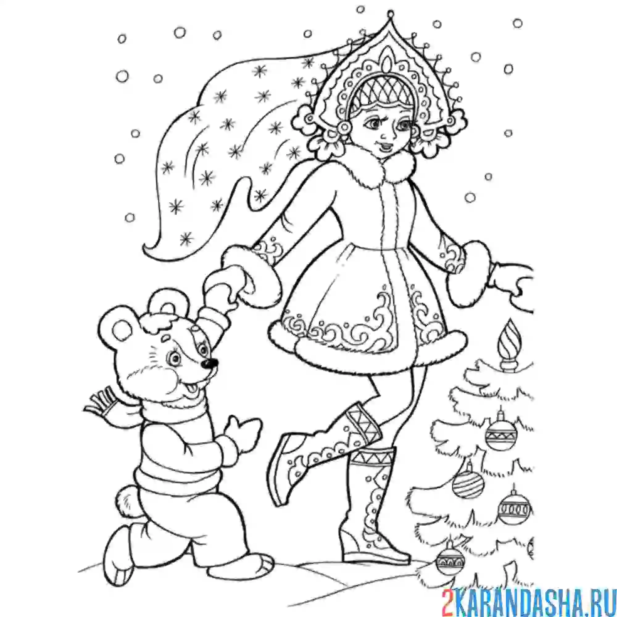 Раскраска с мишкой около елки