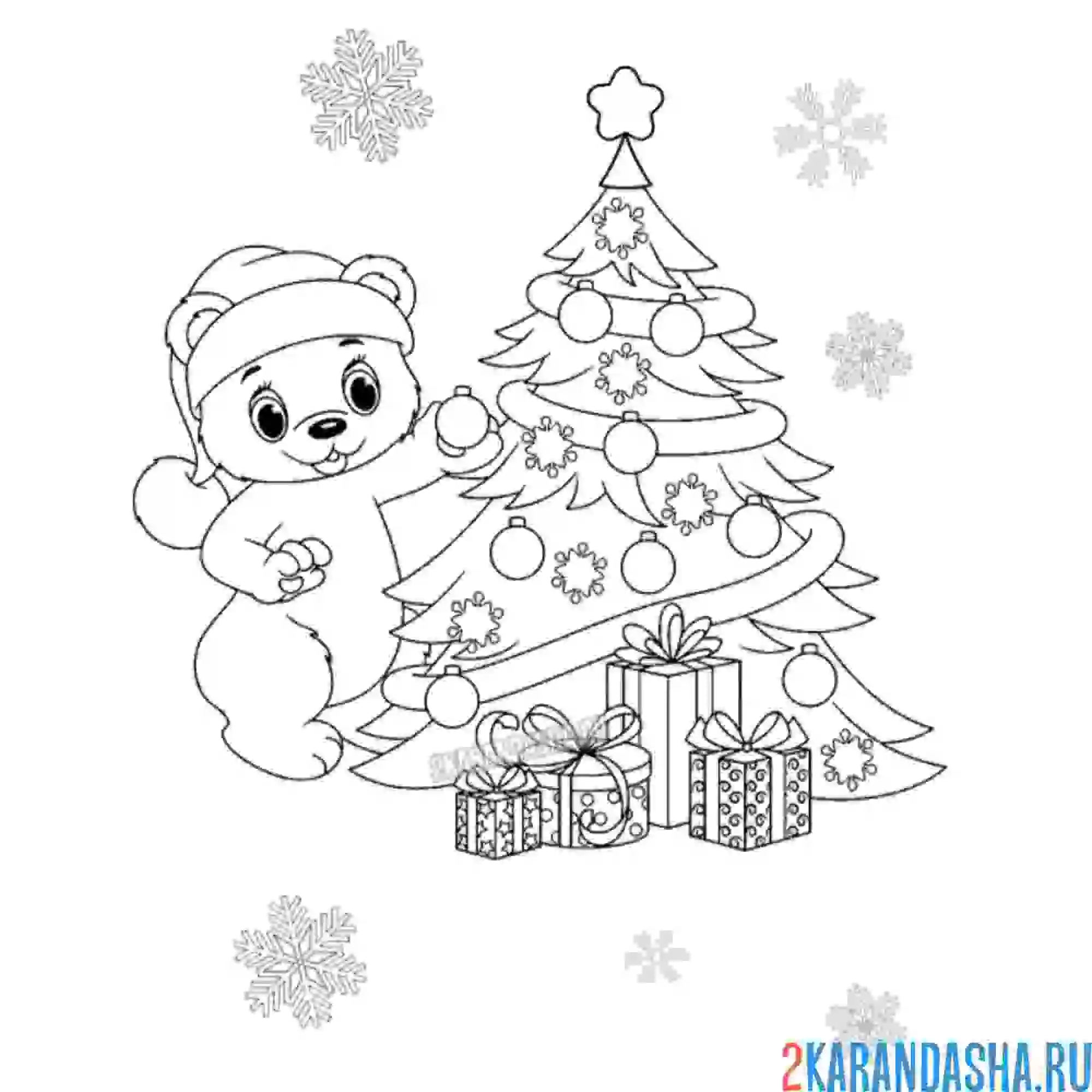 Раскраска мишка наряжает ёлку на новый год