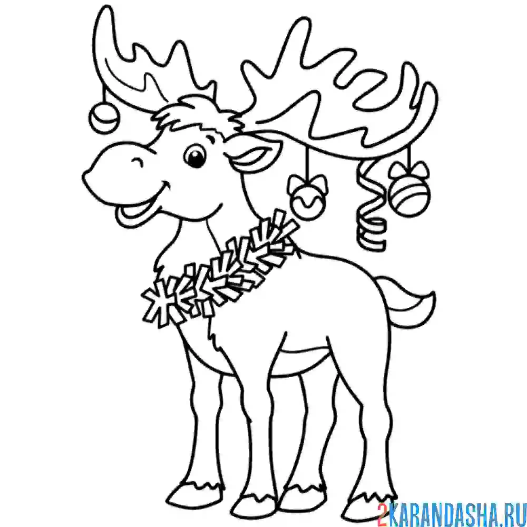 Раскраска лось с новогодними игрушками