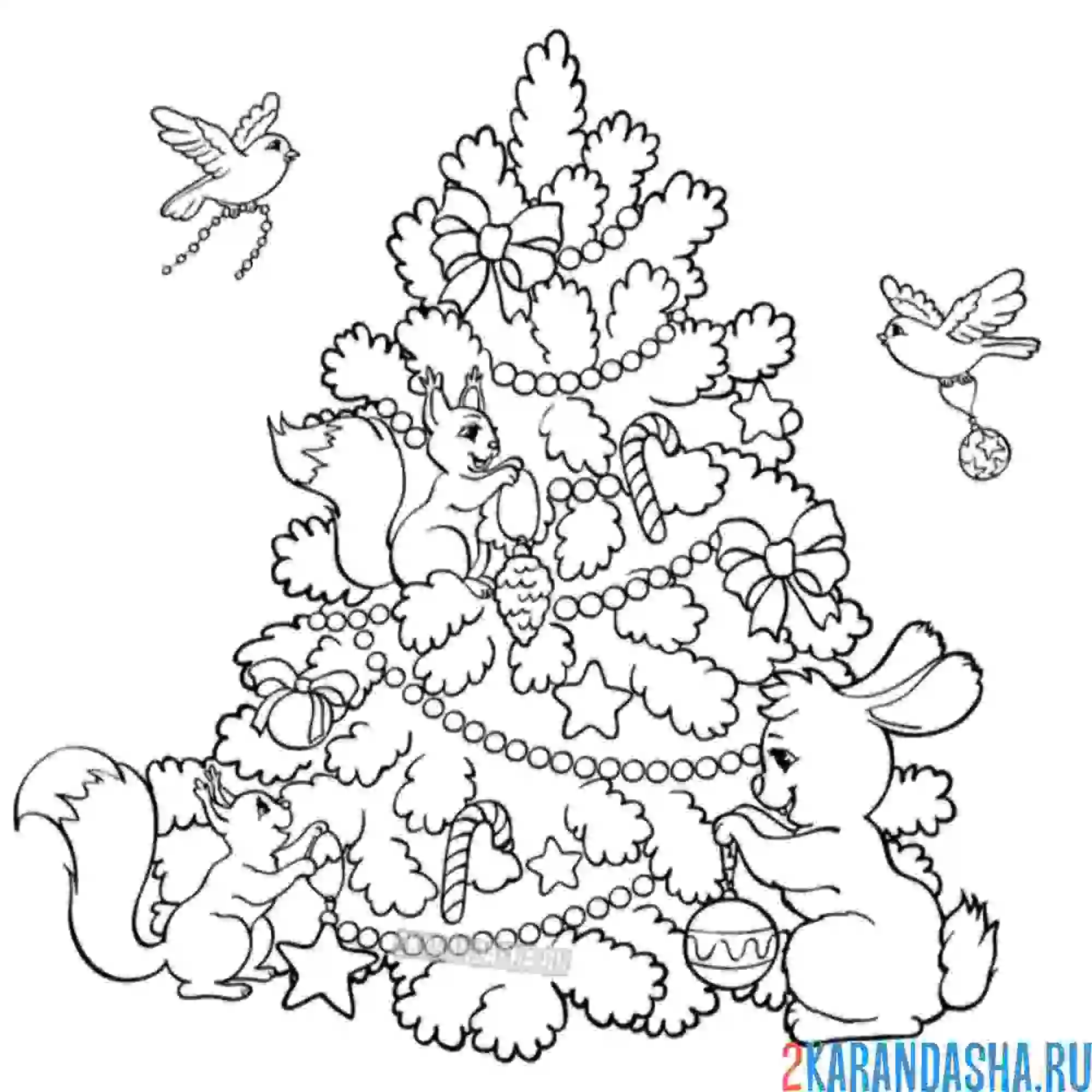 Раскраска новогодняя ёлка пушистая с игрушками