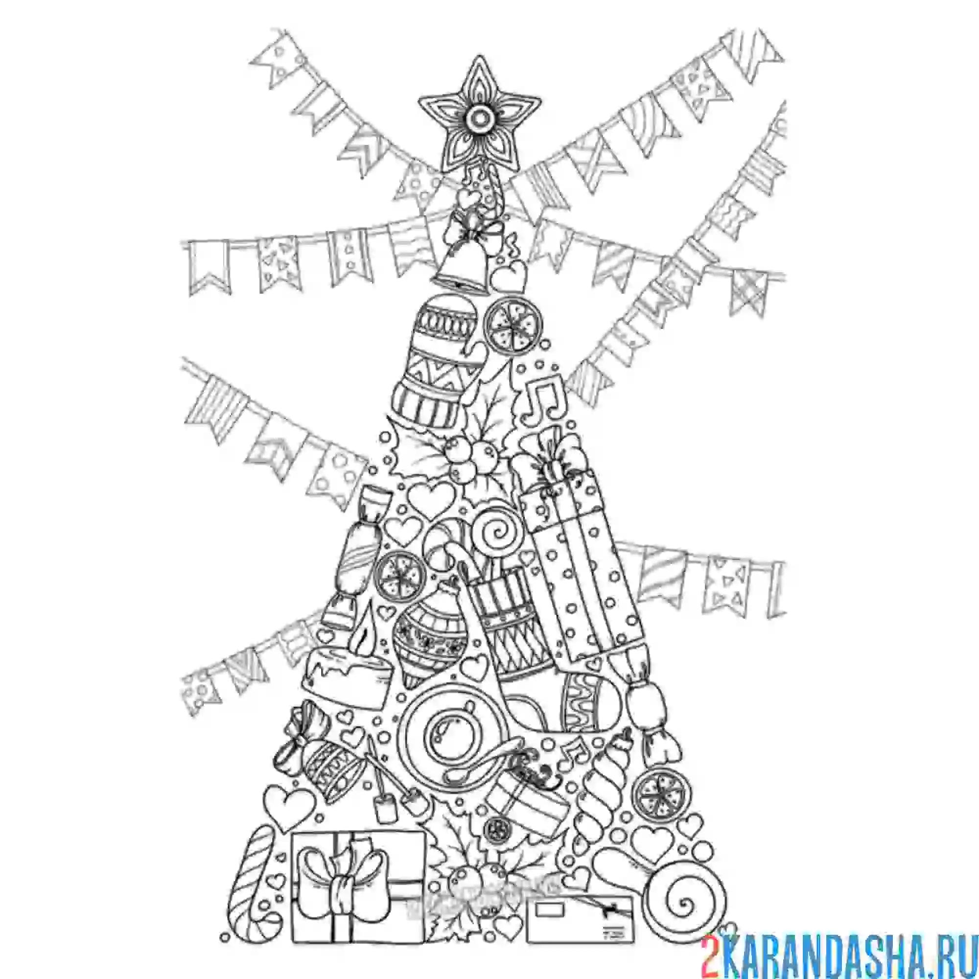 Раскраска необычная новогодняя елка из разных предметов