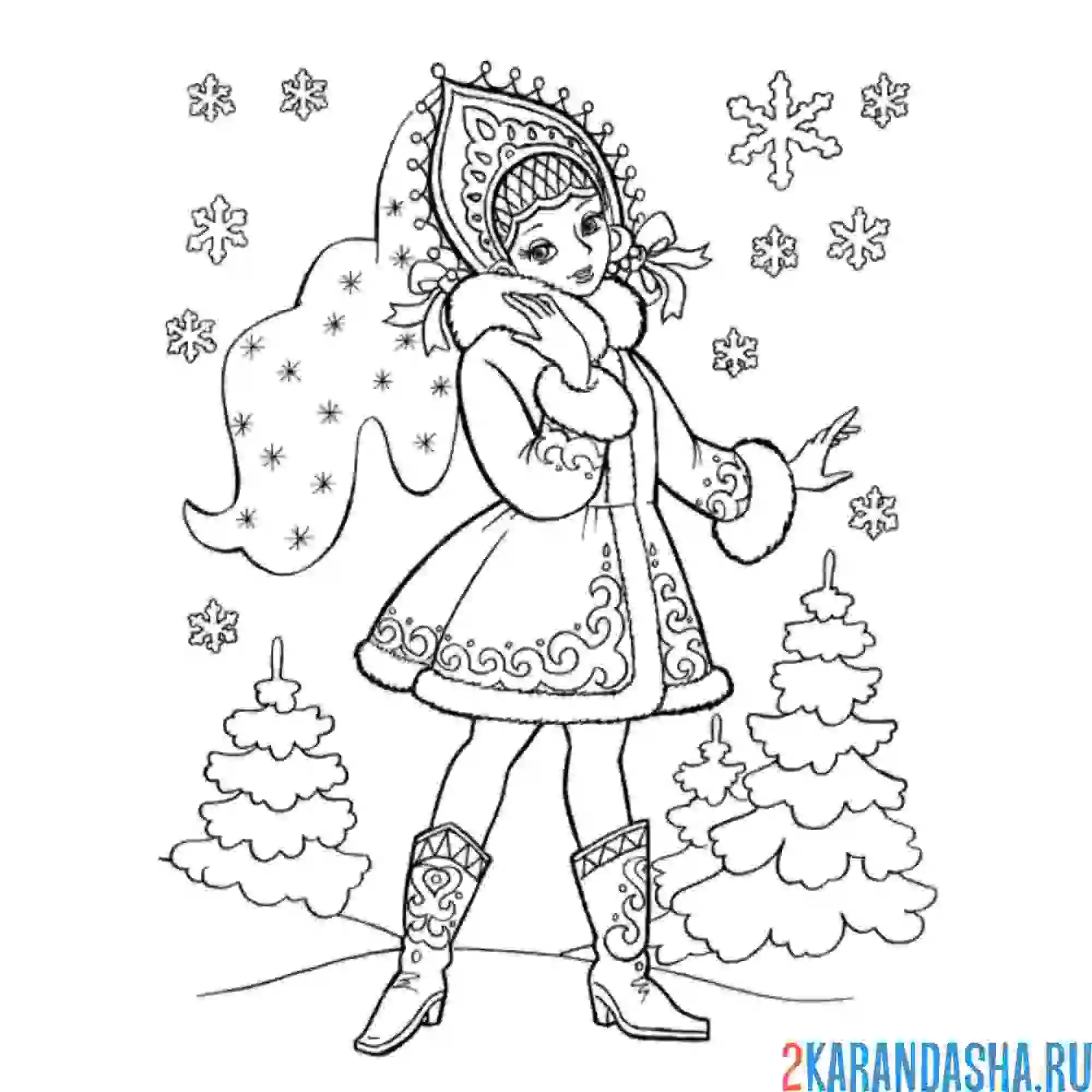 Раскраска в красивой шубке и кокошнике