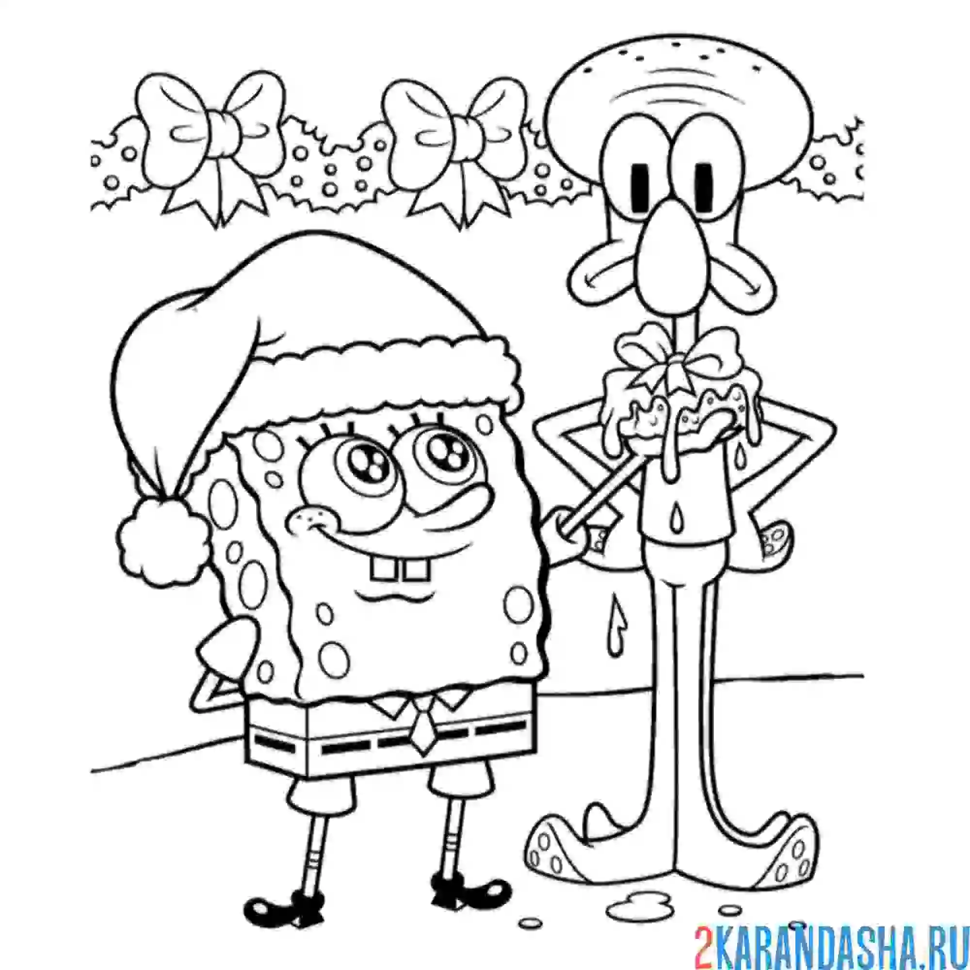 Раскраска губка боб поздравляет с новым годом и рождеством сквидварда
