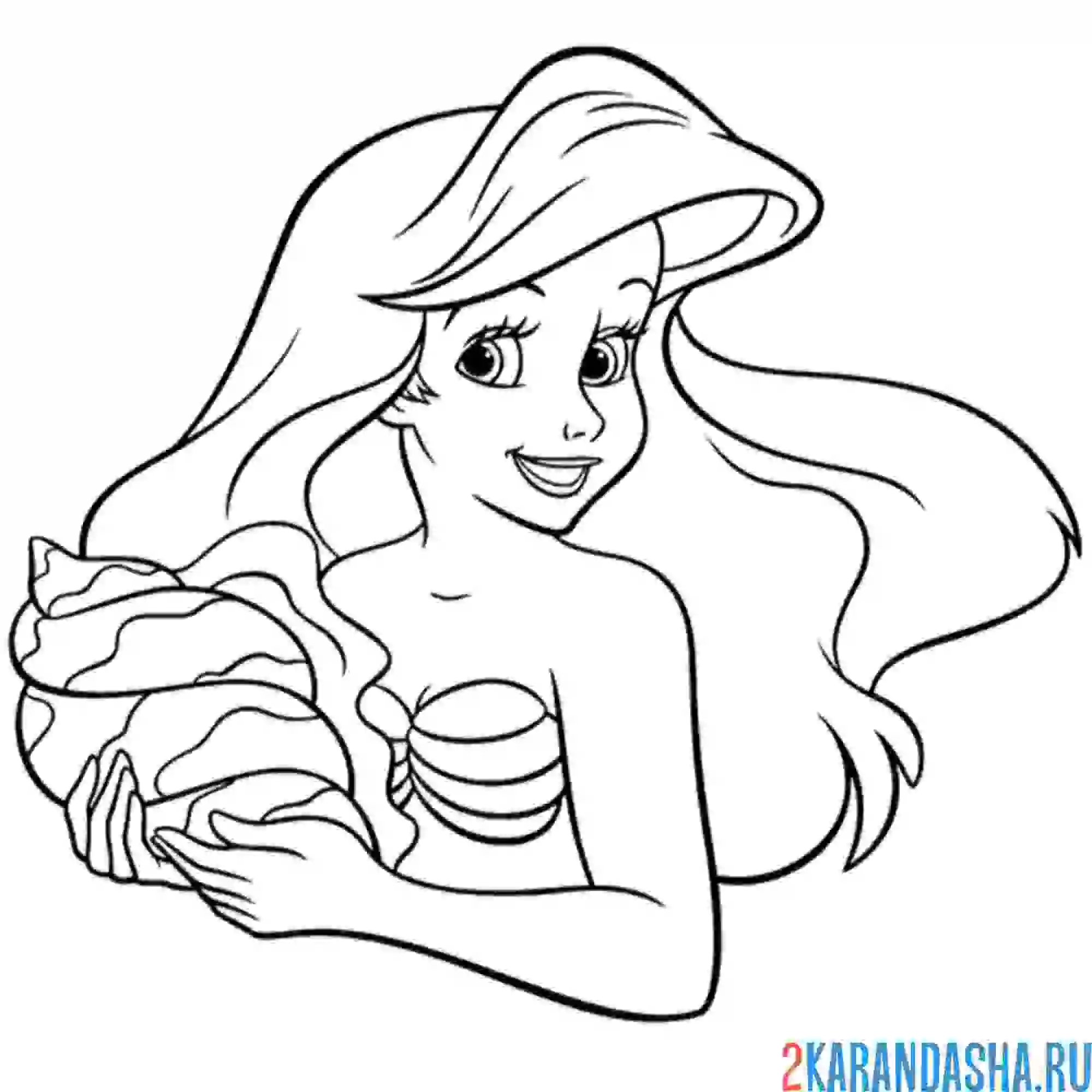 Раскраска портрет русалочки ариэль с ракушкой