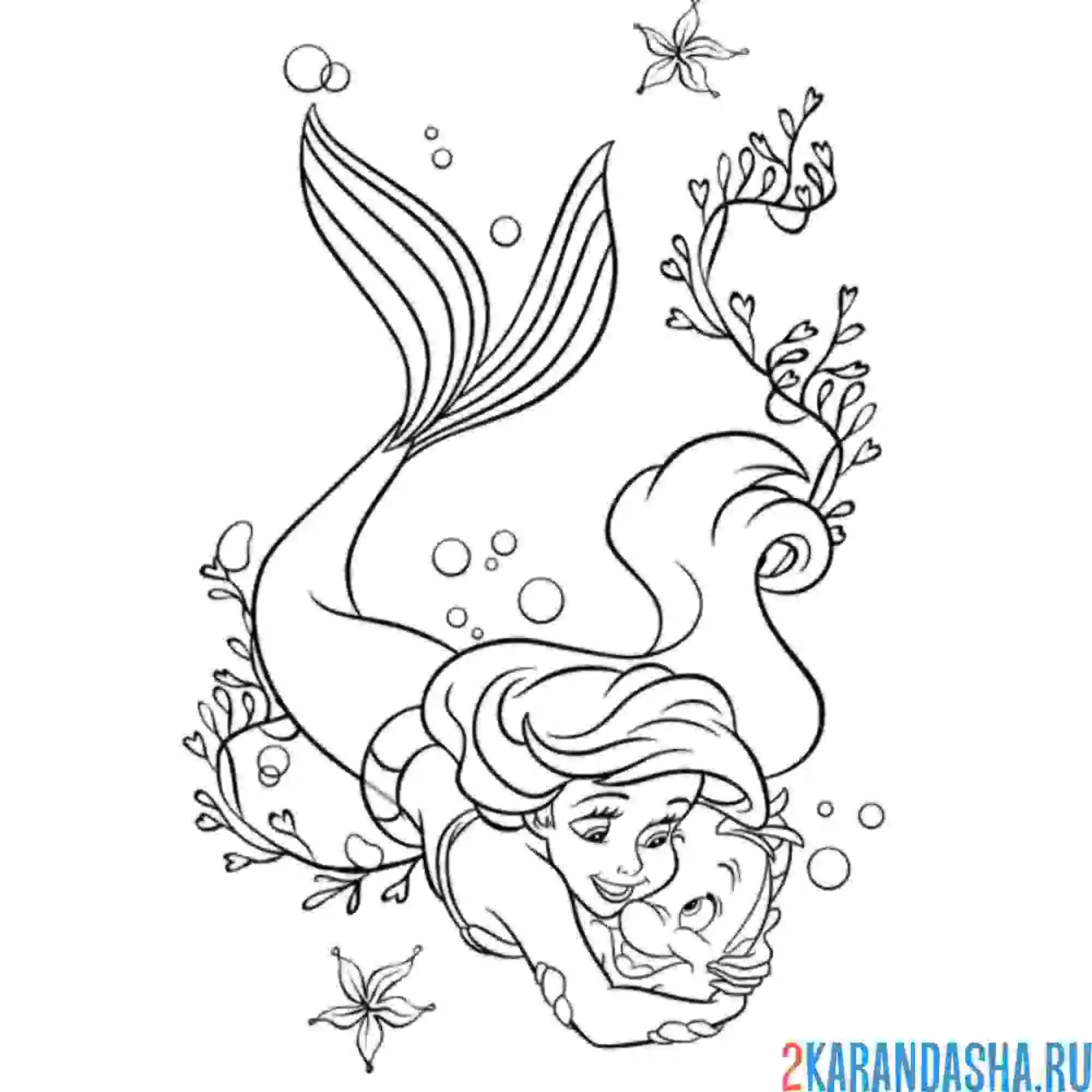 Раскраска русалочка ариэль и флаундер
