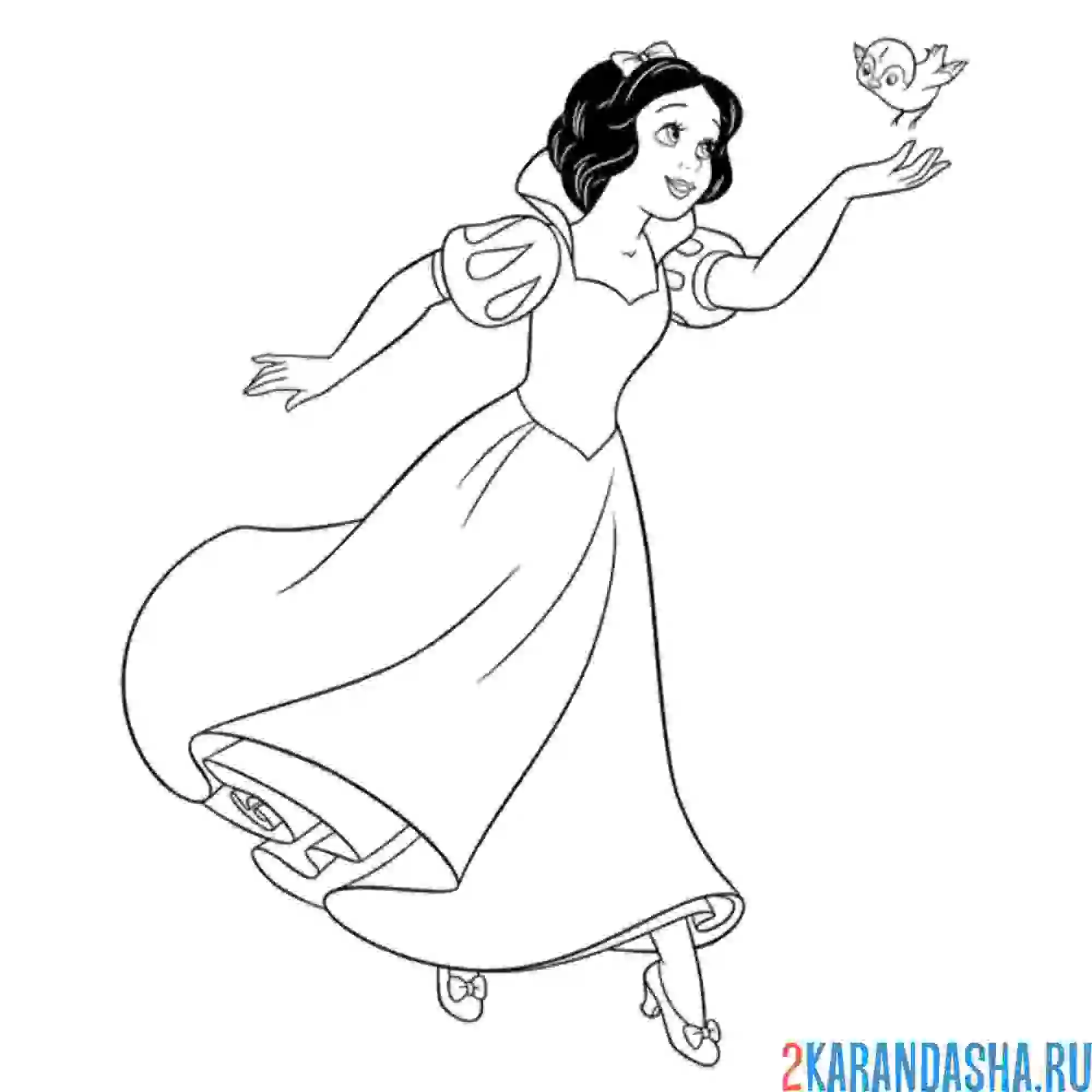 Раскраска белоснежка бежит за птичкой