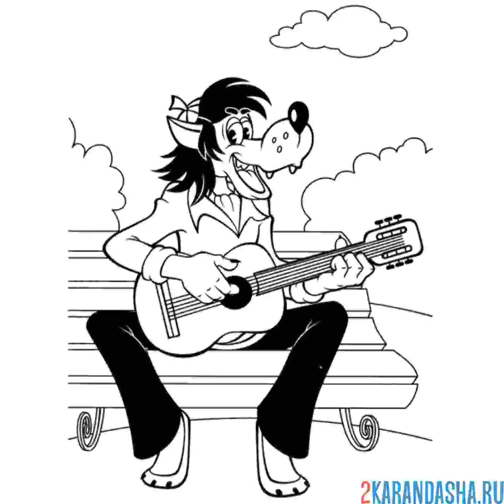 Раскраска хулиган волк играет на гитаре