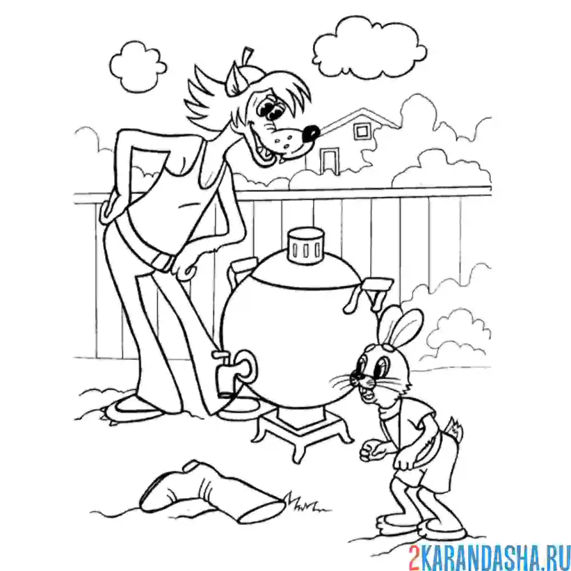 Раскраска волк и заяц готовят чай в самоваре