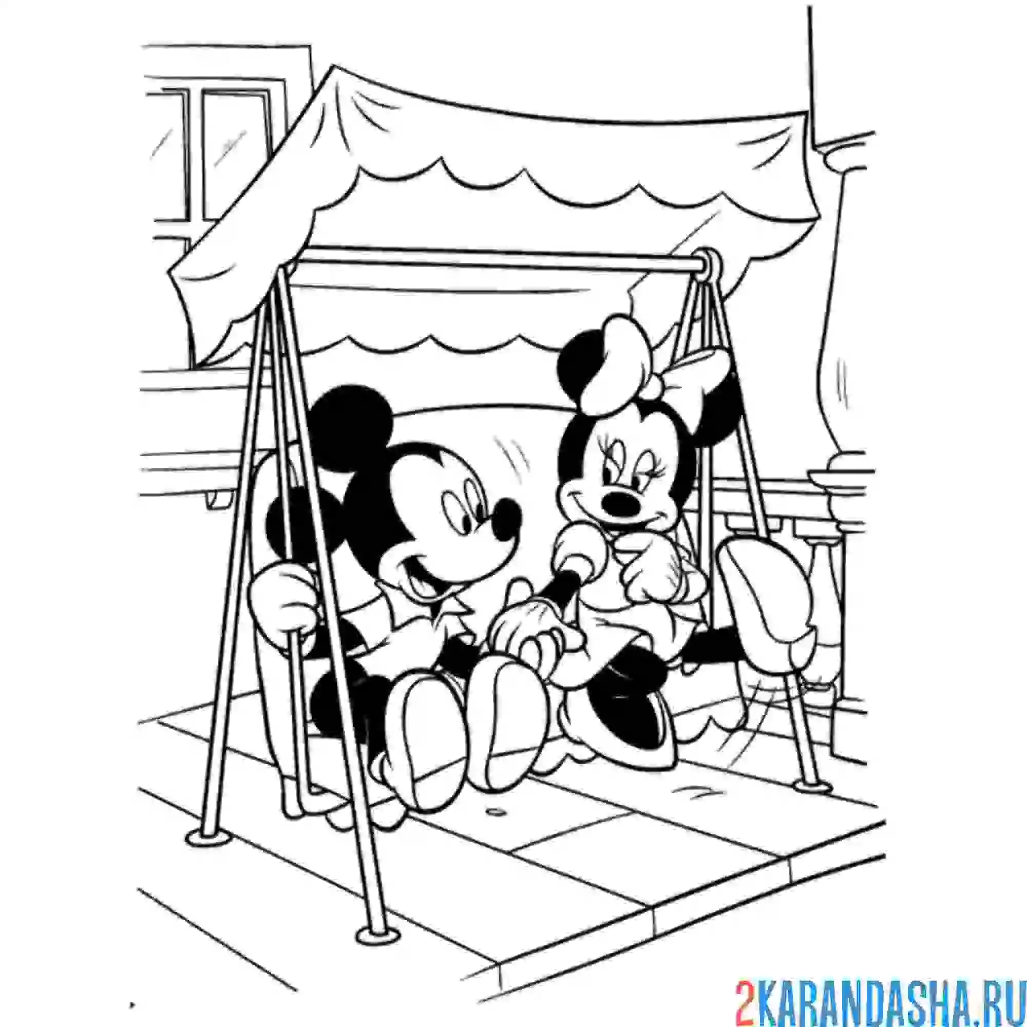 Раскраска микки маус и минни на качелях