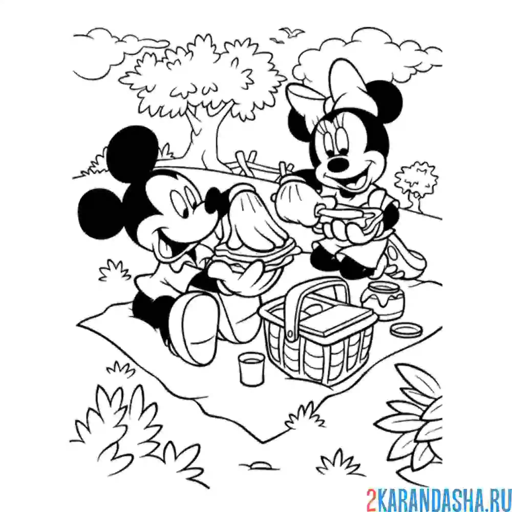 Раскраска минни и микки маус на пикнике