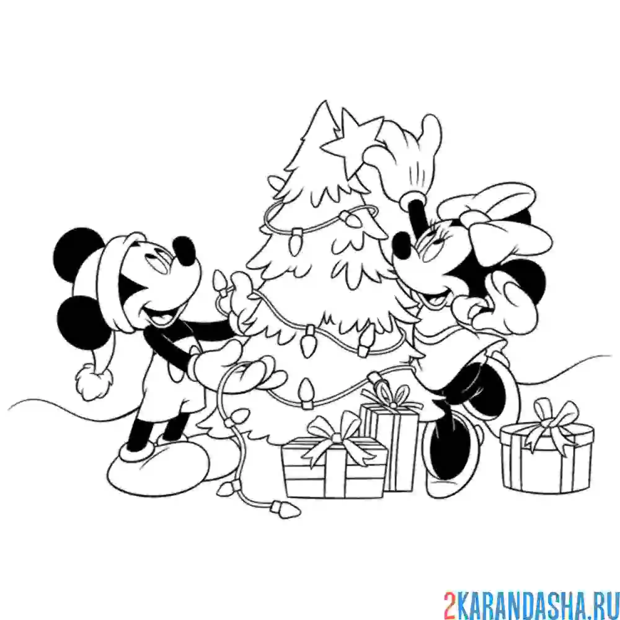 Раскраска микки и минни наряжают елку