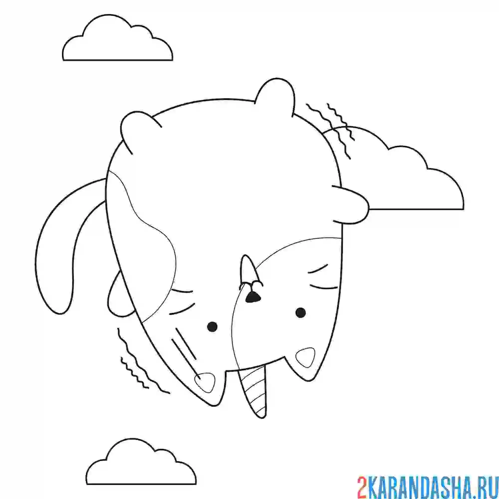 Раскраска кот-единорог в полете