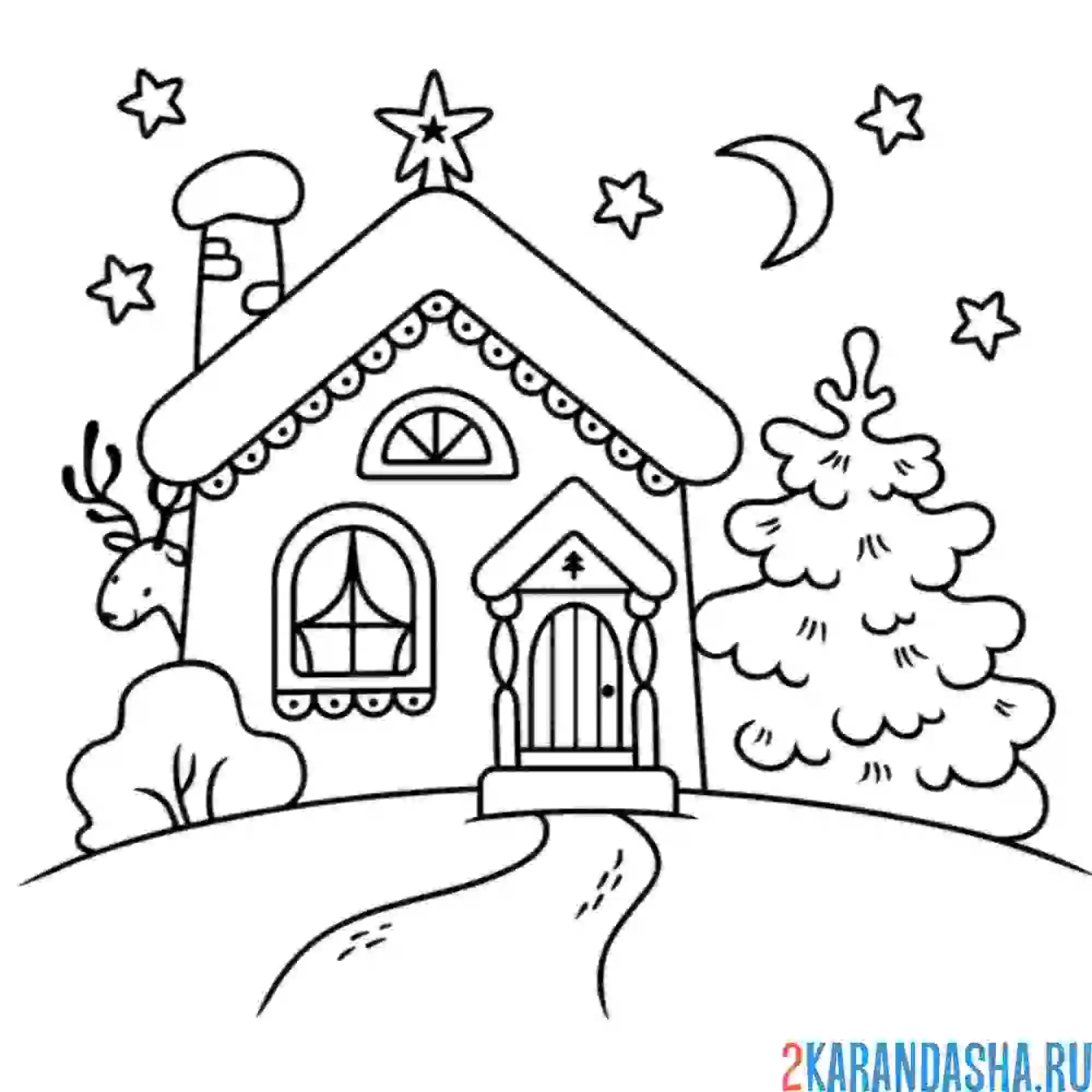 Раскраска зимний домик в лесу