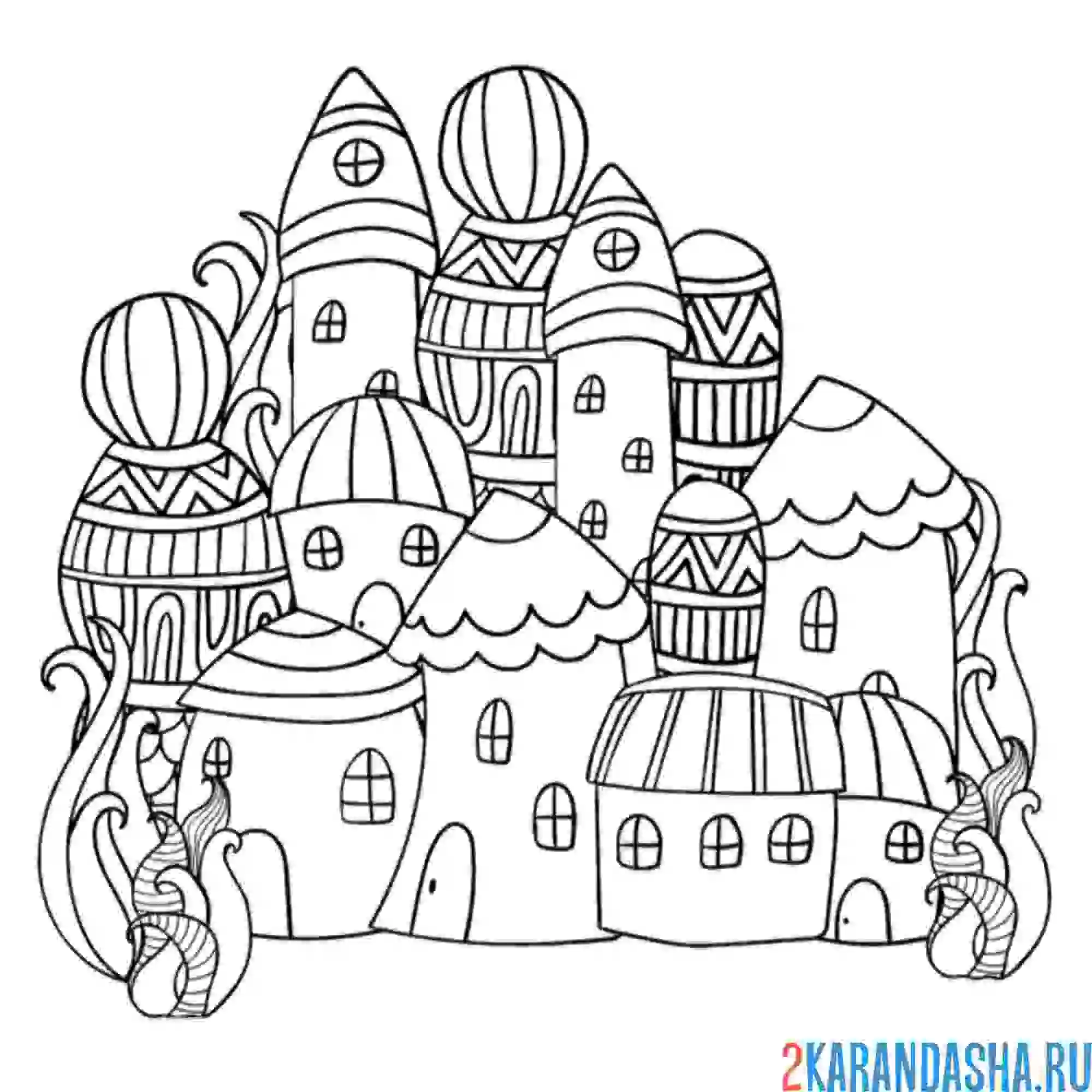 Раскраска необычный городок и домики