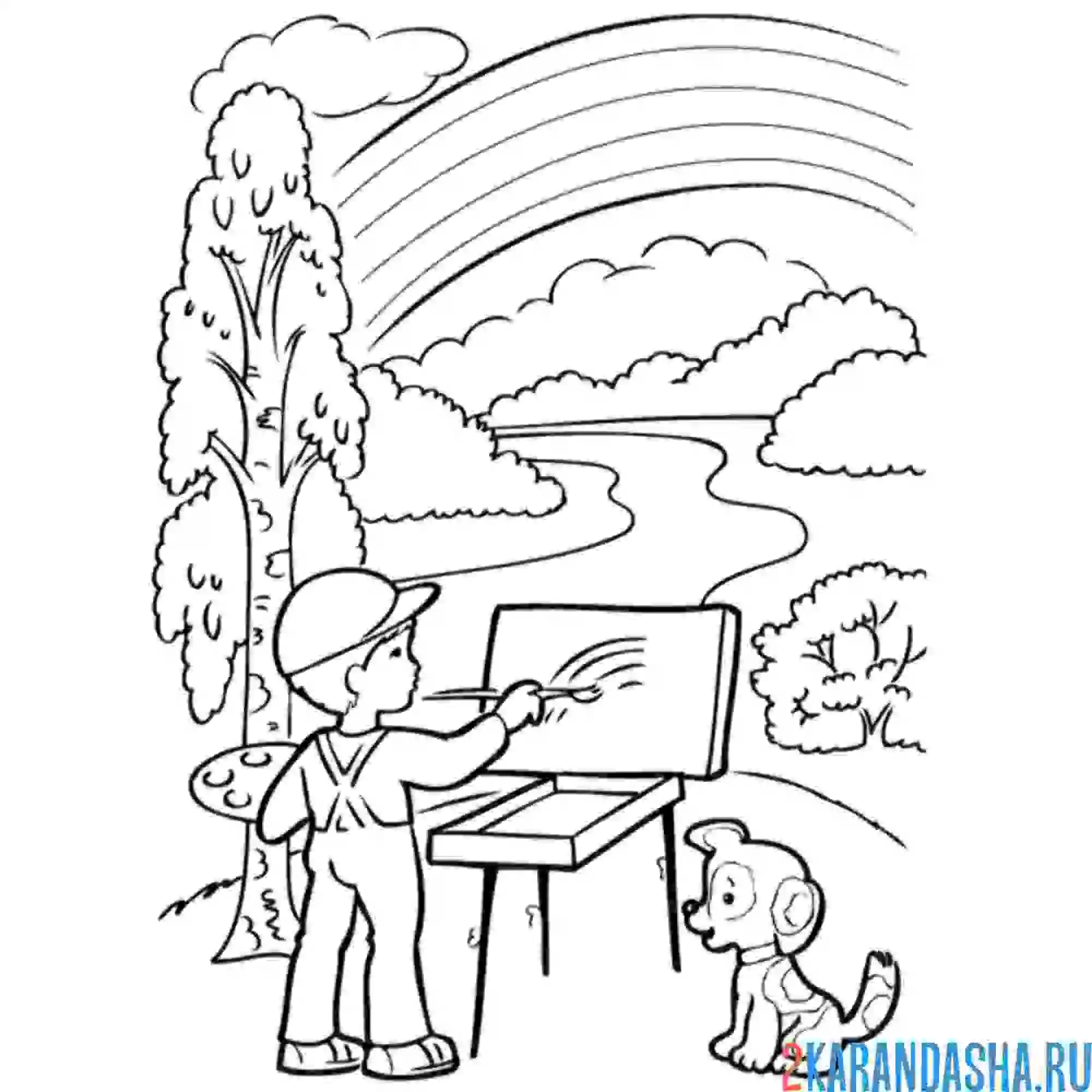 Раскраска мальчик рисует природу лето