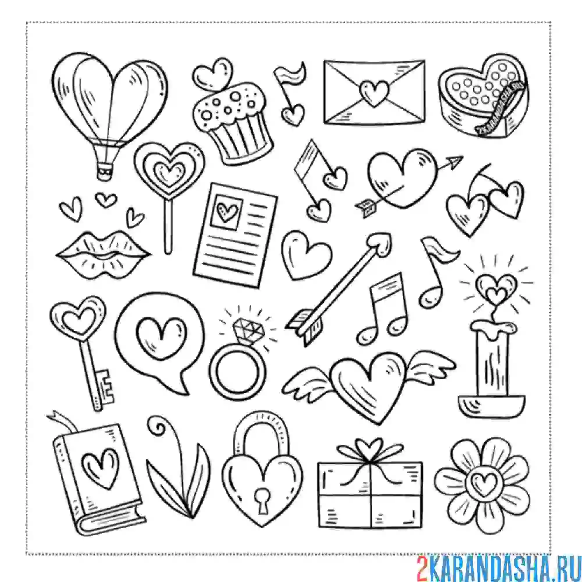 Раскраска коллаж на день всех влюбленных
