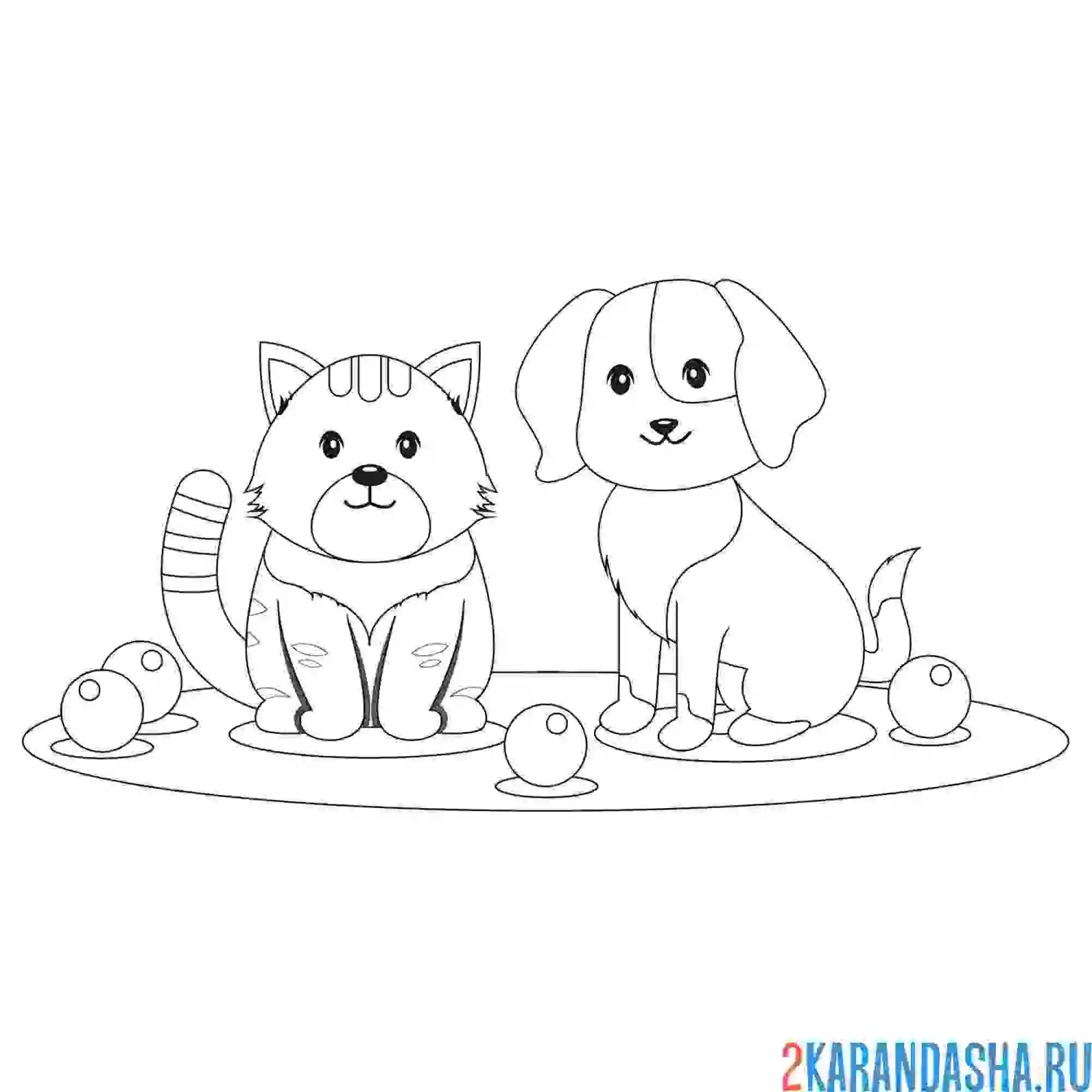 Раскраска кот и песик с шариками